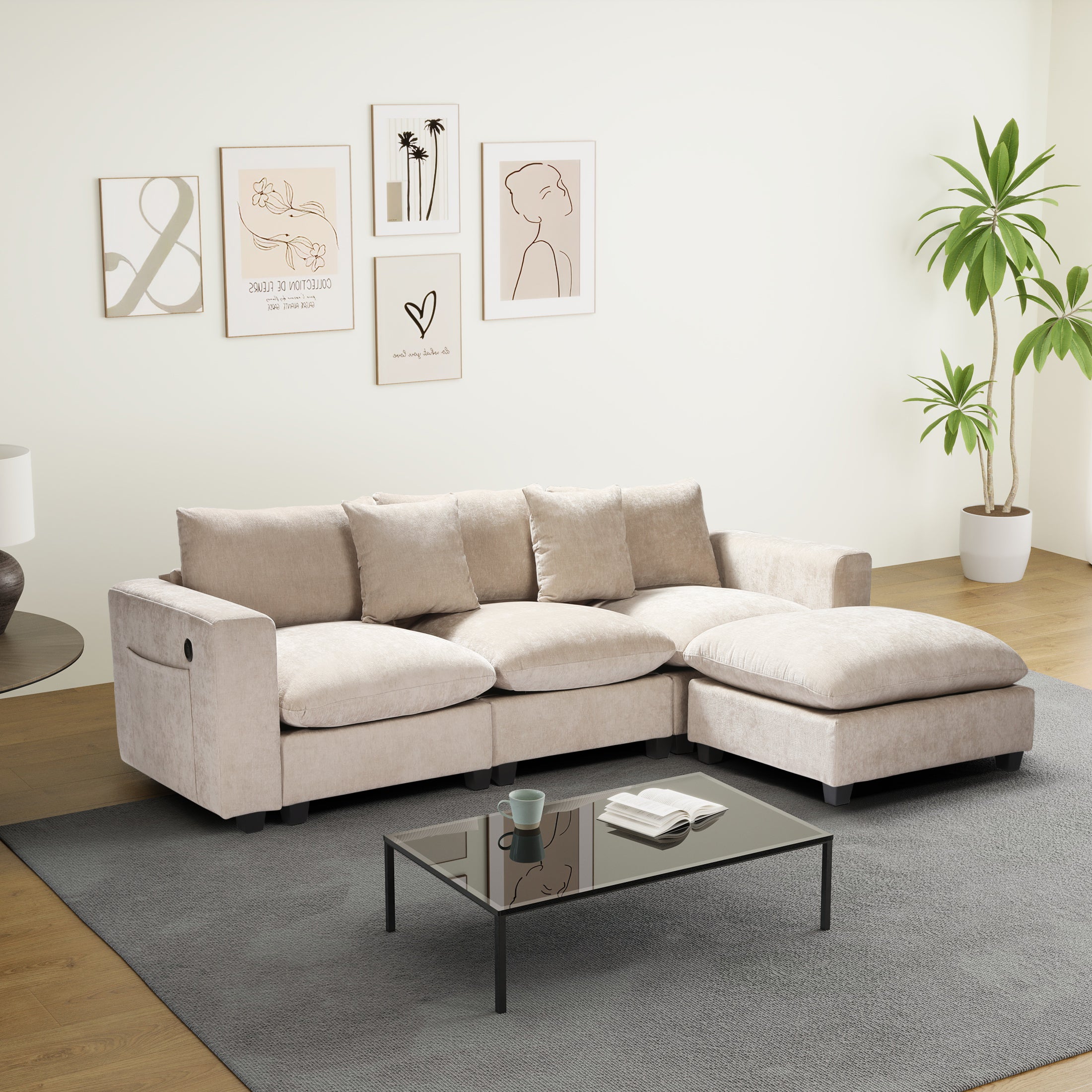 Springfield 99" Modular Chenille L-Shaped Sectional Sofa and Chaise With USB/Type-C Ports and Side Pockets