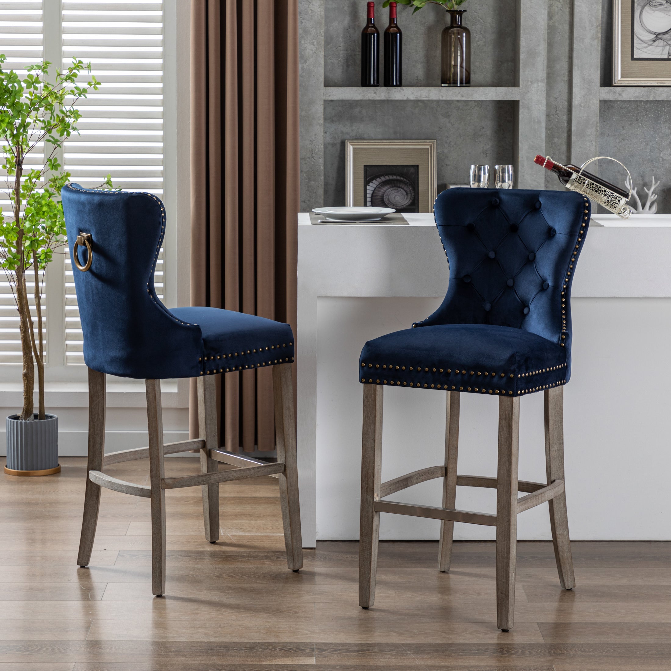 Hank 29" Tufted Velvet Bar Stool (Set of 2), Antique Gray