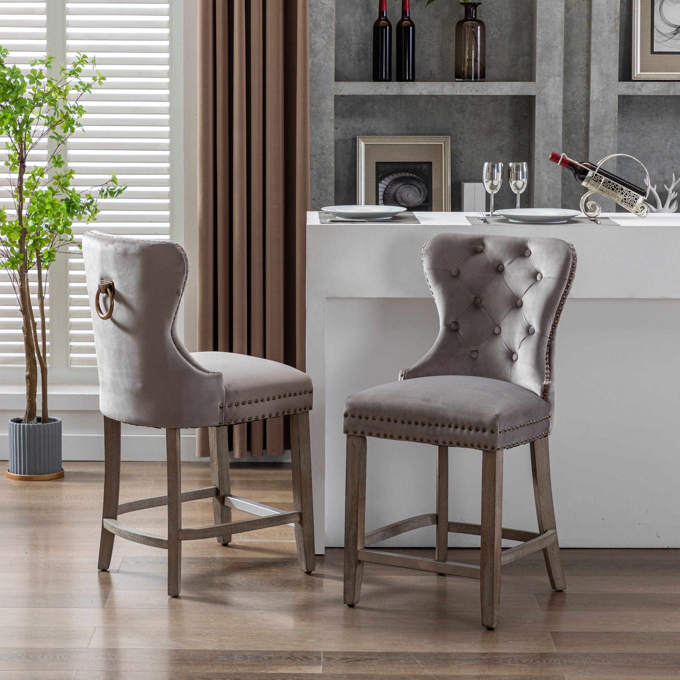 Hank 24" Tufted Velvet Counter Stool (Set of 2), Antique Gray