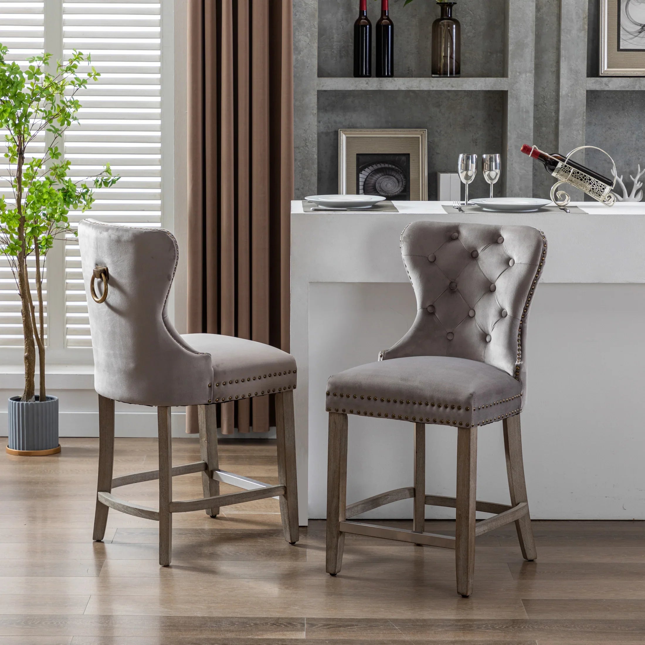 Hank 24" Tufted Velvet Counter Stool (Set of 2), Antique Gray