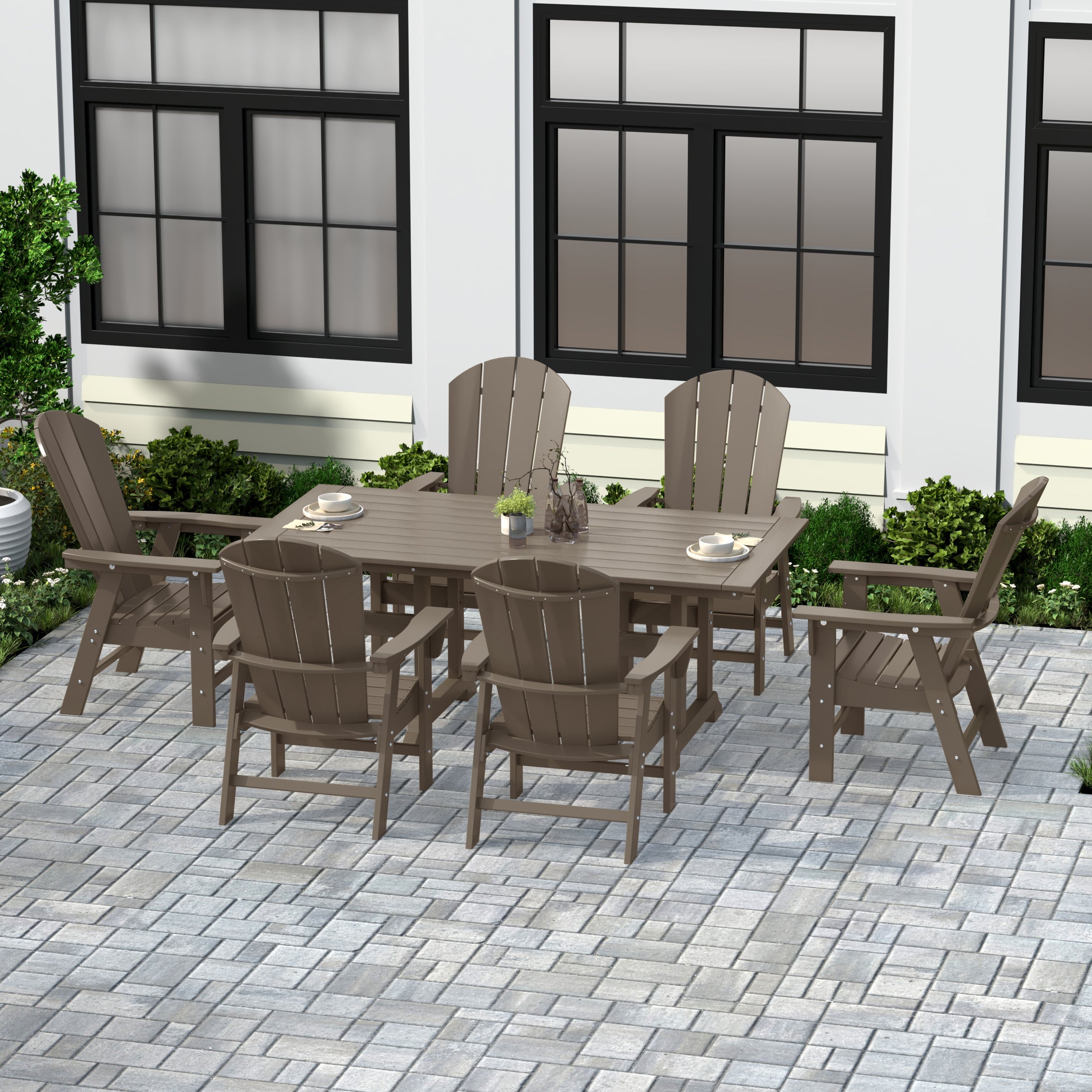 Paradise 7 Piece Outdoor Patio Dining Table and Adirondack Armchair Set