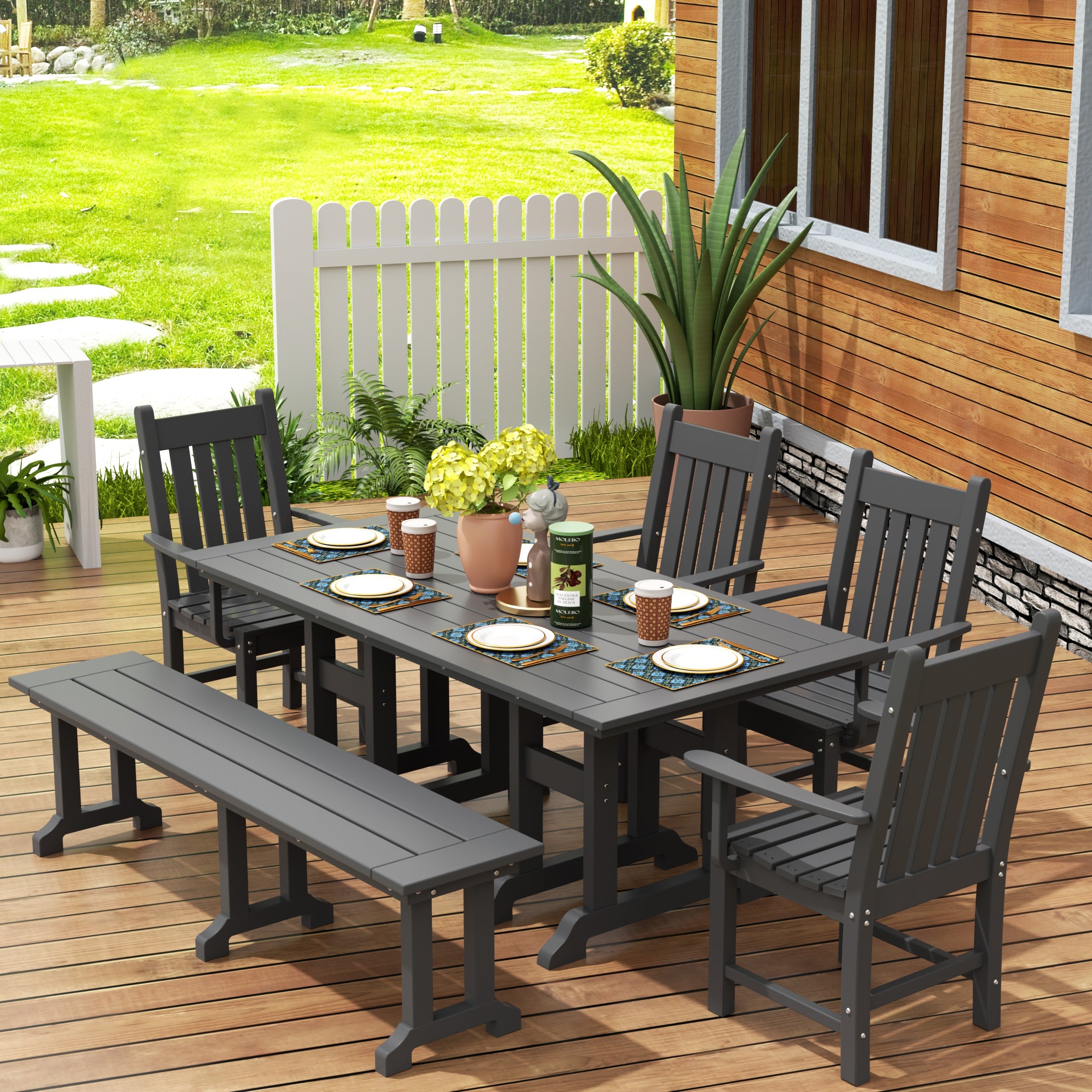 Paradise 6 Piece Outdoor Patio Dining Set Outdoor Table and Bench Armchair Set