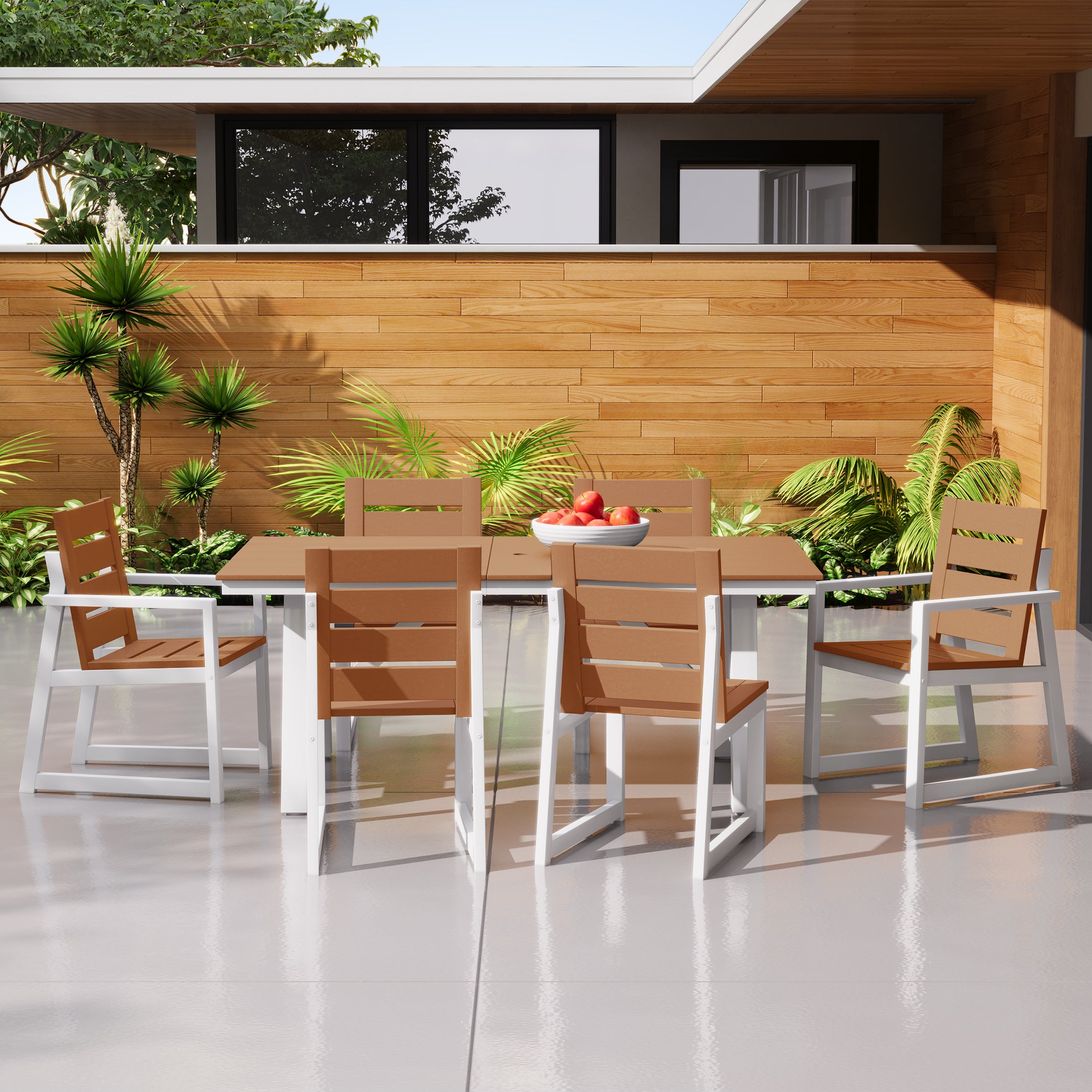 Stinson 7-Piece HDPE Outdoor Furniture Patio Dining Table With Umbrella Hole and Chairs Set For 6