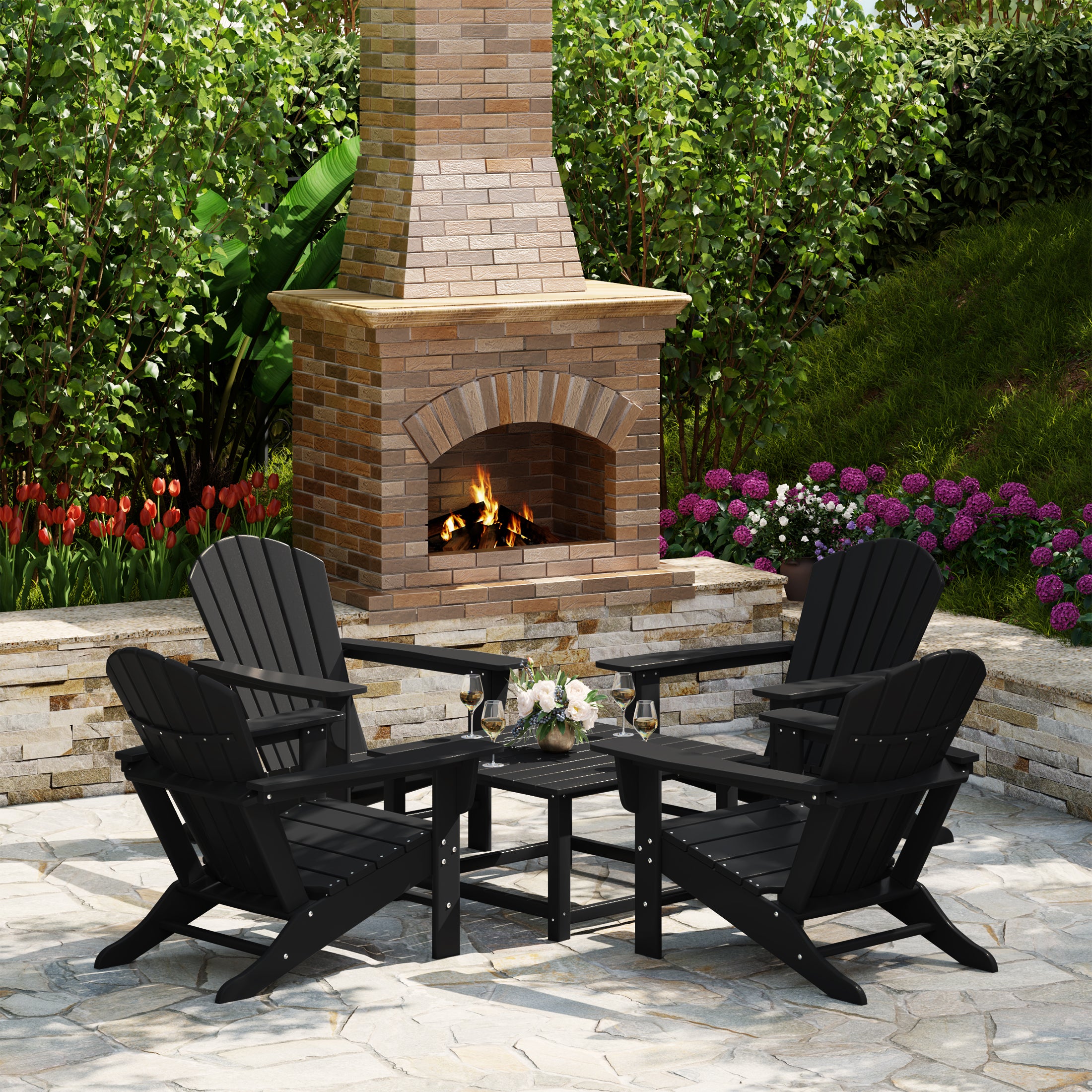 Portside 5-Piece Outdoor Patio HDPE Adirondack Chair With Square Coffee Table Conversation Set