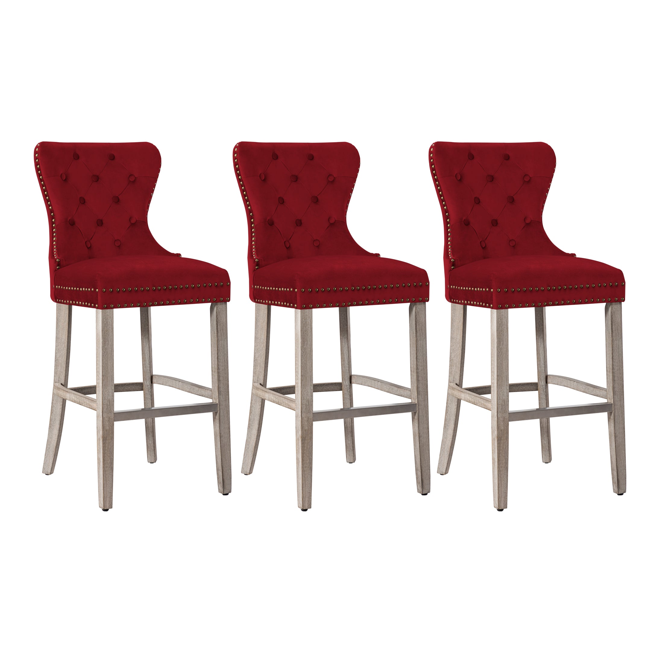 Hank 29" Tufted Velvet Bar Stool (Set of 3), Antique Gray
