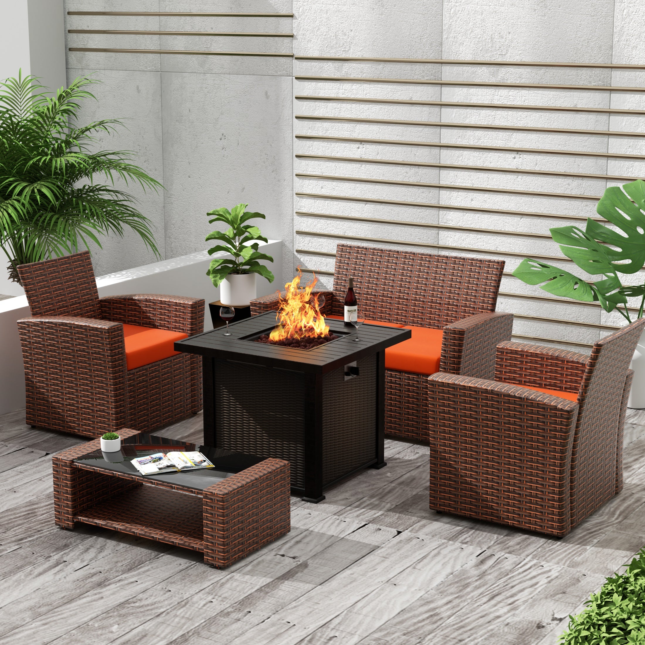 Wynston 4-Piece Conversation Outdoor Patio Sofa Set with Square Fire Pit Table, Brown