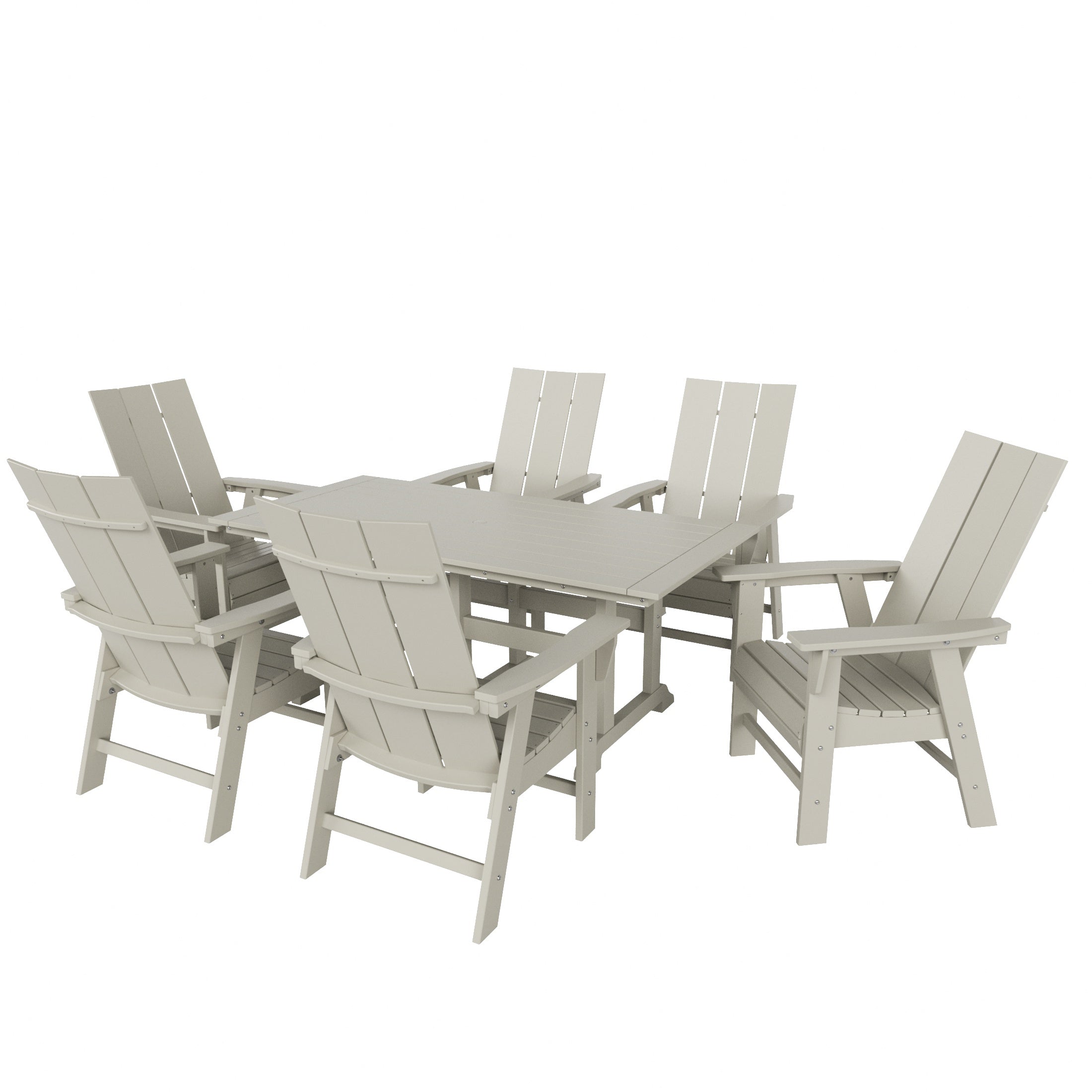 Palms 7 Piece Outdoor Patio Dining Table and Modern Adirondack Armchair Set