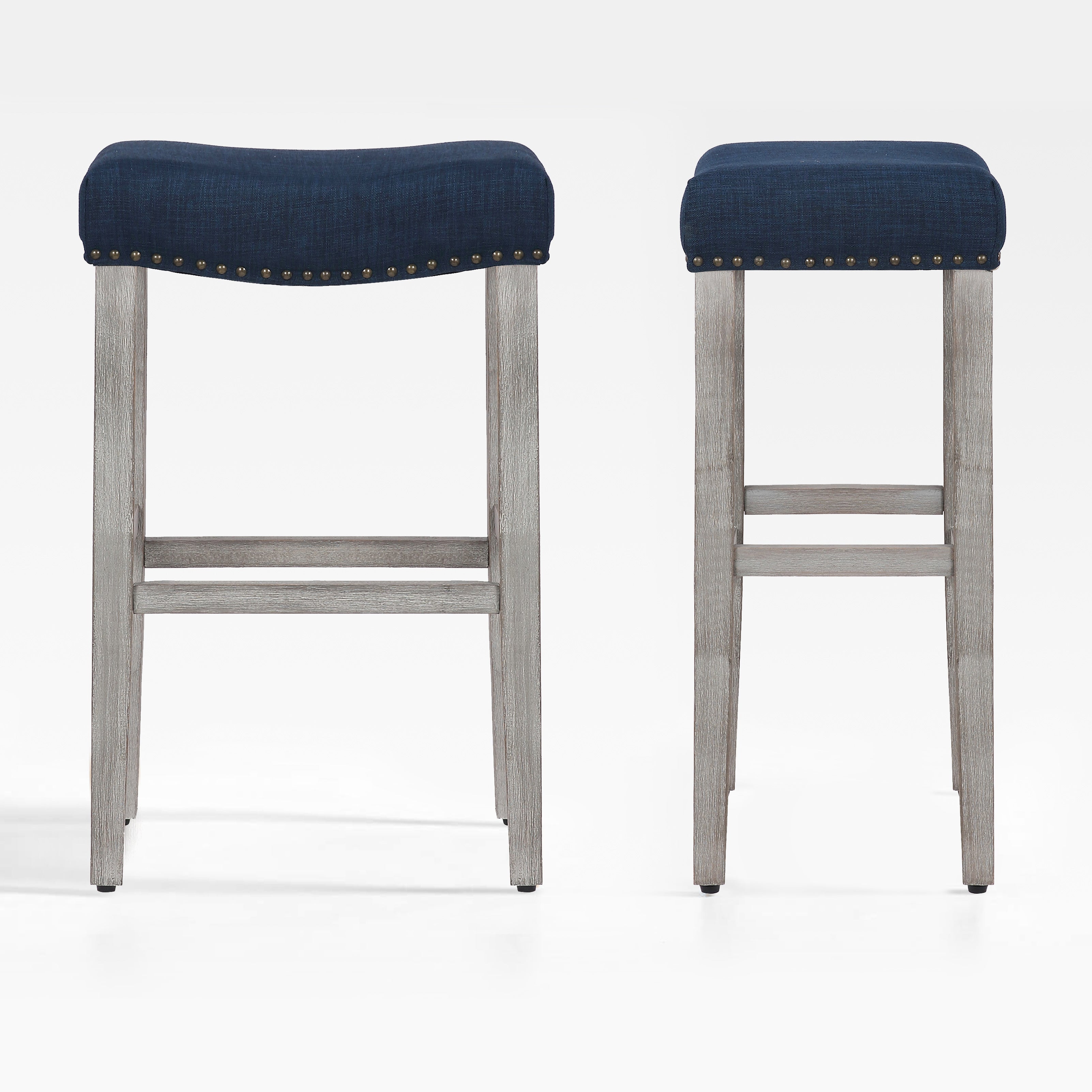 Bulmon 29" upholstered nail head bar counter stools with Antique Gray color legs (2 piece set)