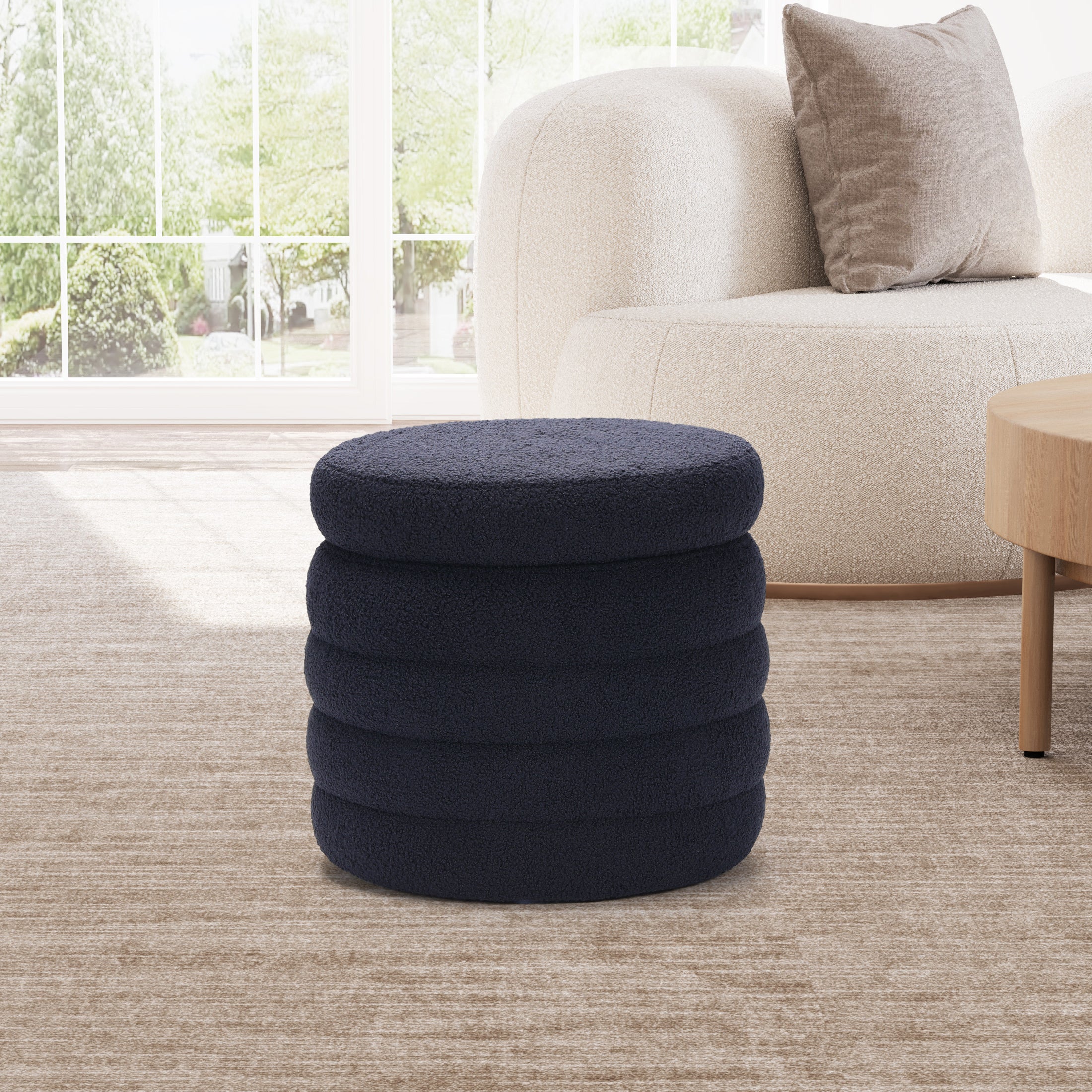 Celine Mid-Century Modern Faux Sherpa Round Storage Ottoman