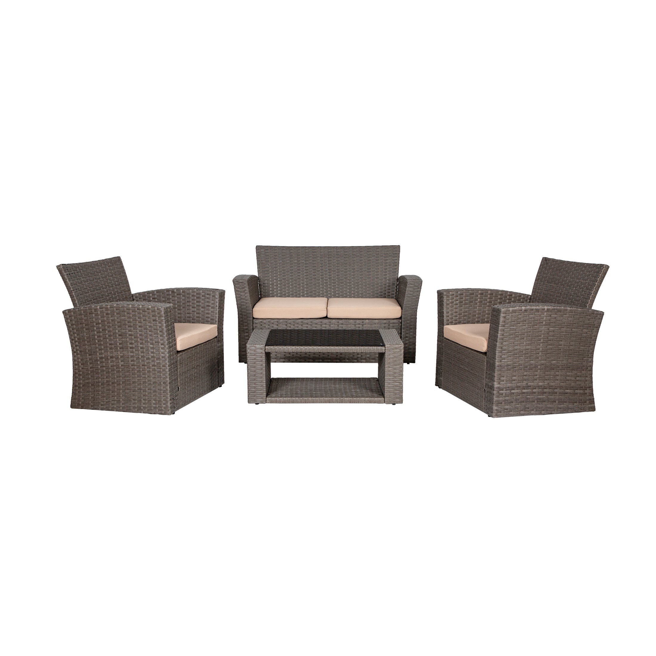 Wynston 4-Piece set Gray color base Outdoor / Patio Wicker Rattan Conversation Sofa set with cushions and a Coffee table ( 4 seater )