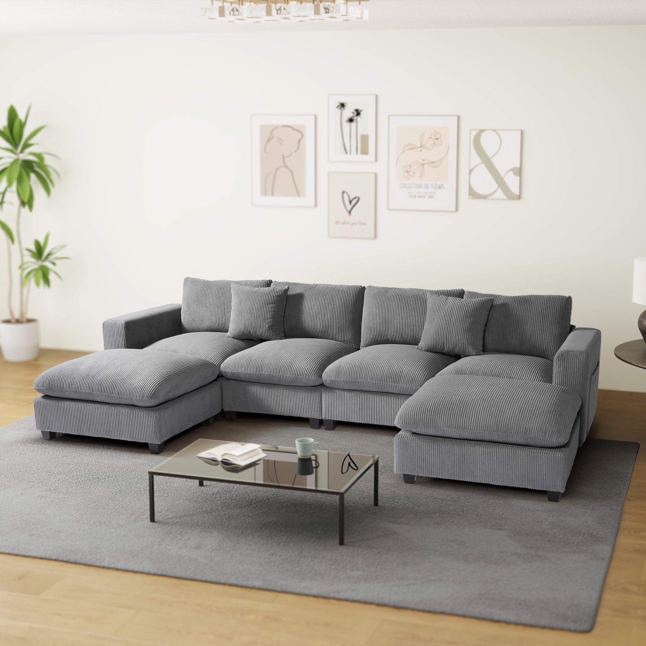 Ava 128" Corduroy Modular U-Shaped Sectional Couch and Chaise With USB/Type-C Ports and Side Pockets