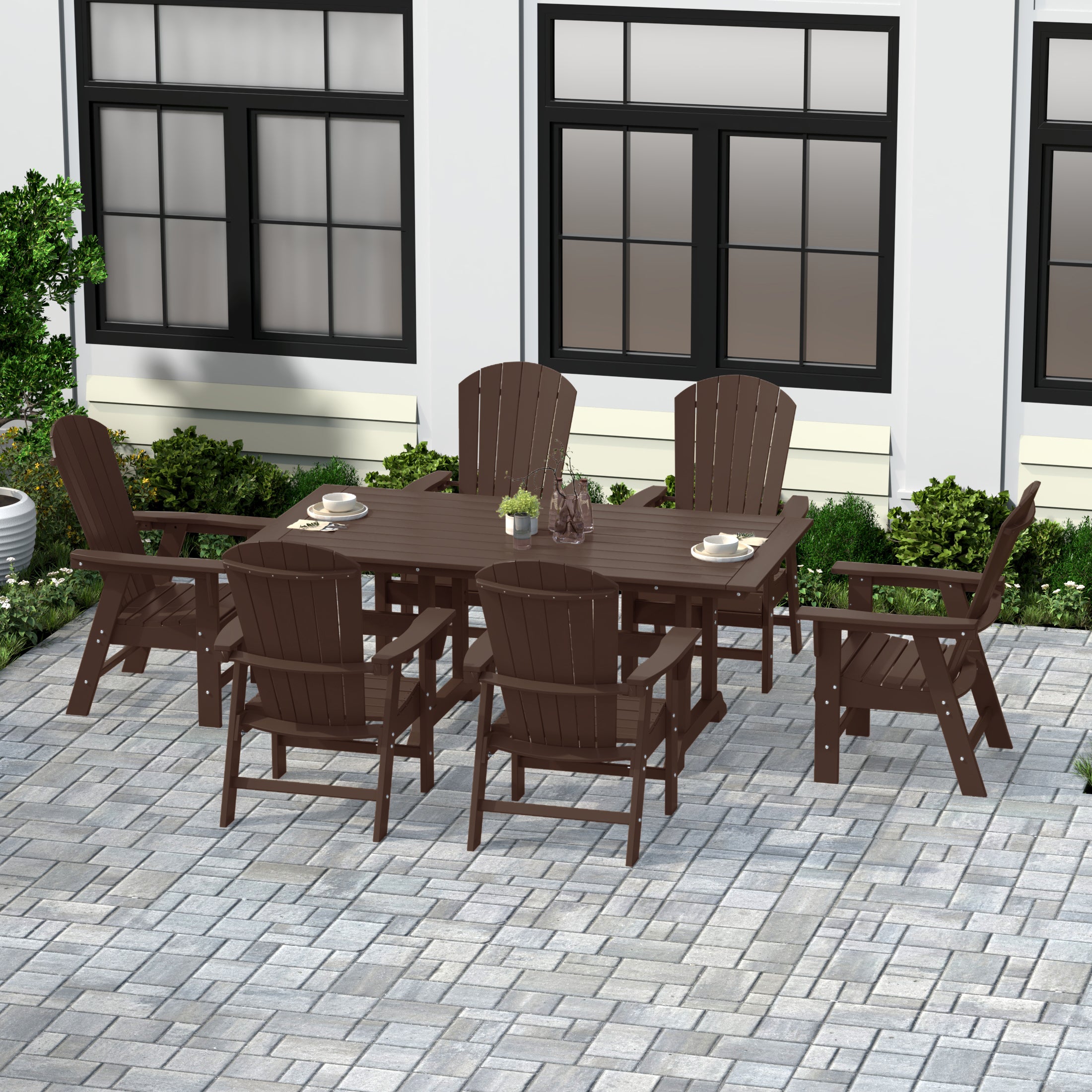 Portside 7 Piece Outdoor Patio Dining Table and Adirondack Armchair Set