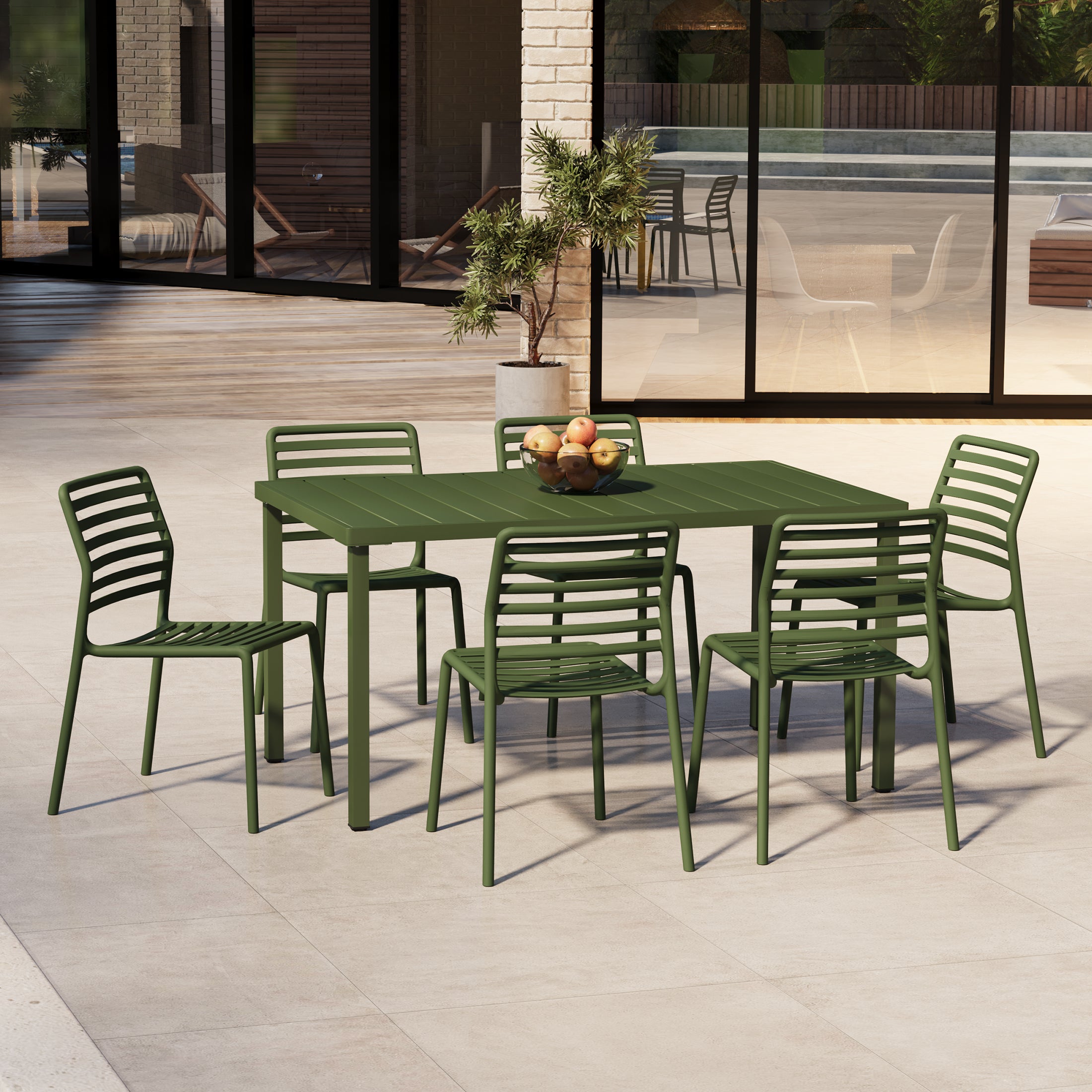 Sunshine 7-Piece Metal Rectangular Patio Dining Table Set With Stackable Plastic Dining Chairs For 6