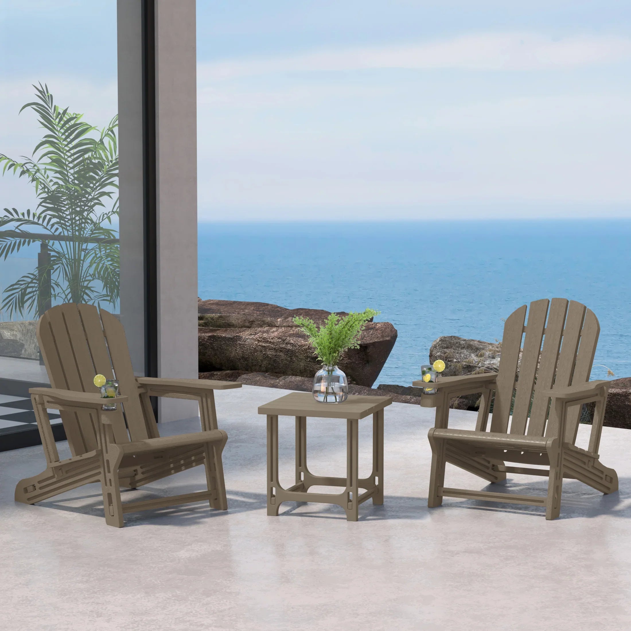Cayman 3-Piece HDPE Plastic Adirondack Patio Chairs With 18" Square Side Table Set