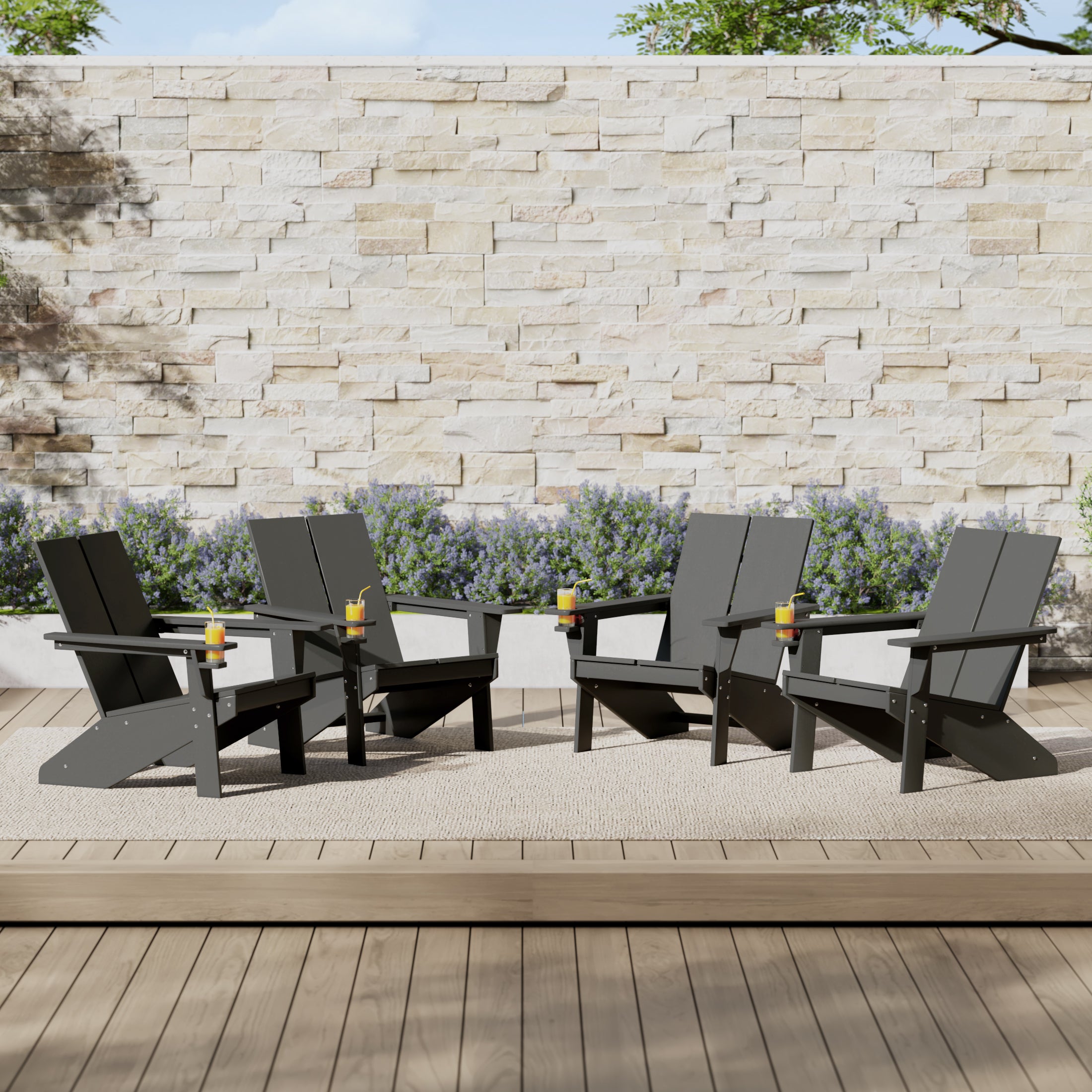 Seaview Outdoor HDPE Modern Adirondack Chair with Cup Holder (Set of 4)