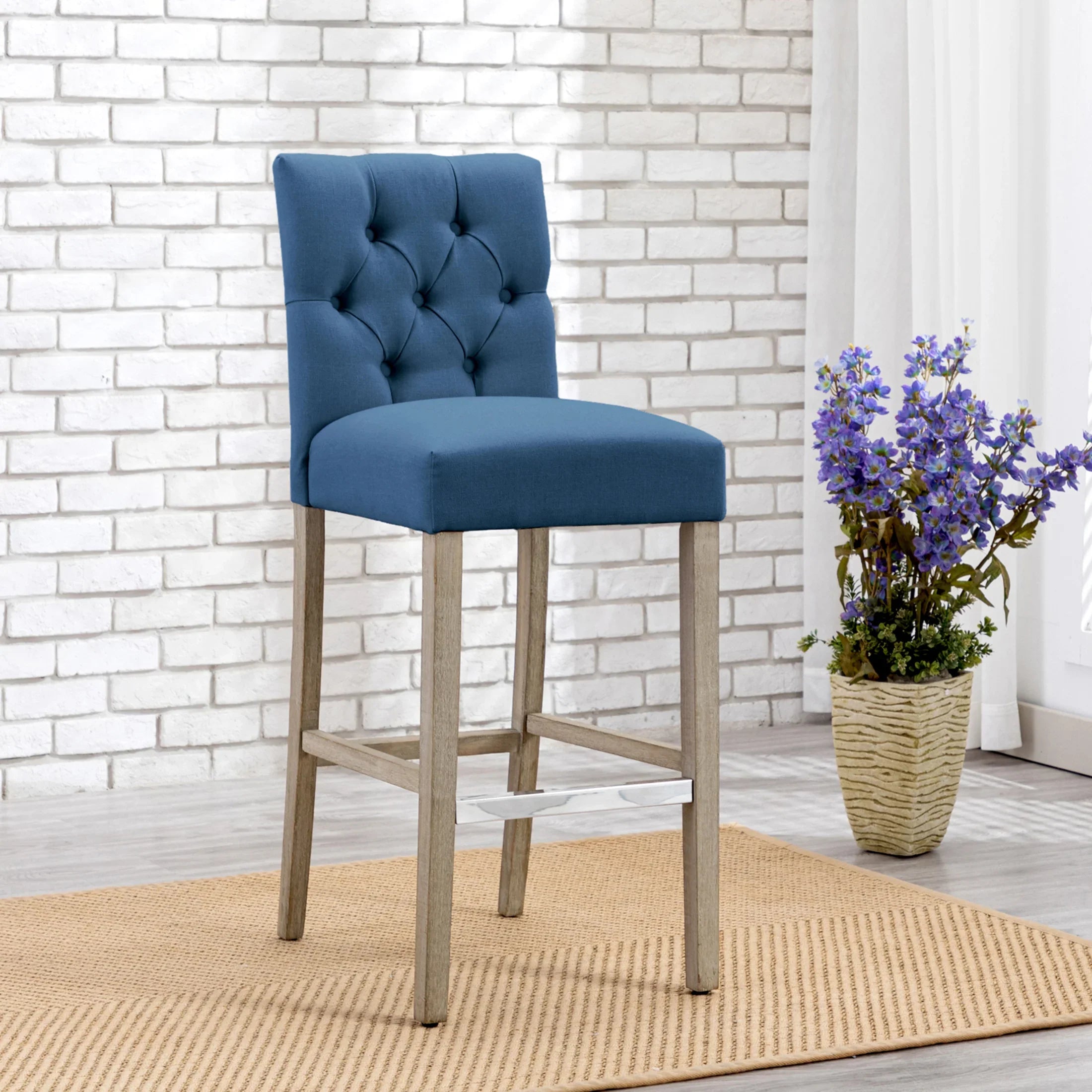 Bellmount 29" Linen Fabric Tufted Bar Stool,Antique Gray