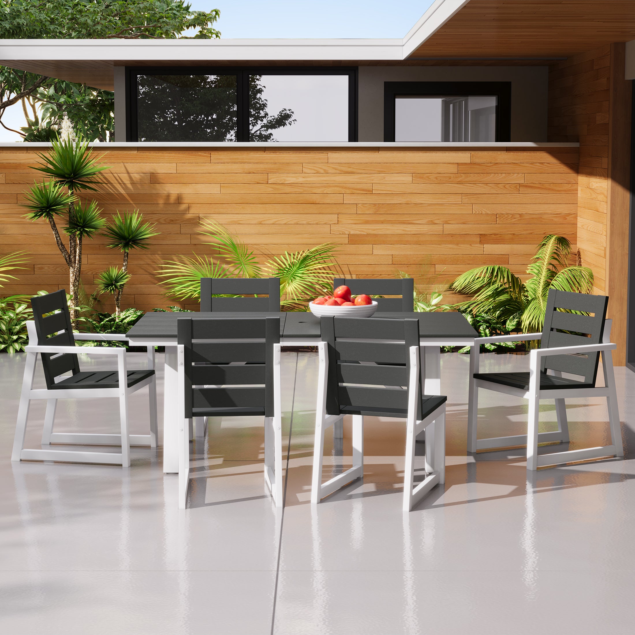Stinson 7-Piece HDPE Outdoor Furniture Patio Dining Table With Umbrella Hole and Chairs Set For 6