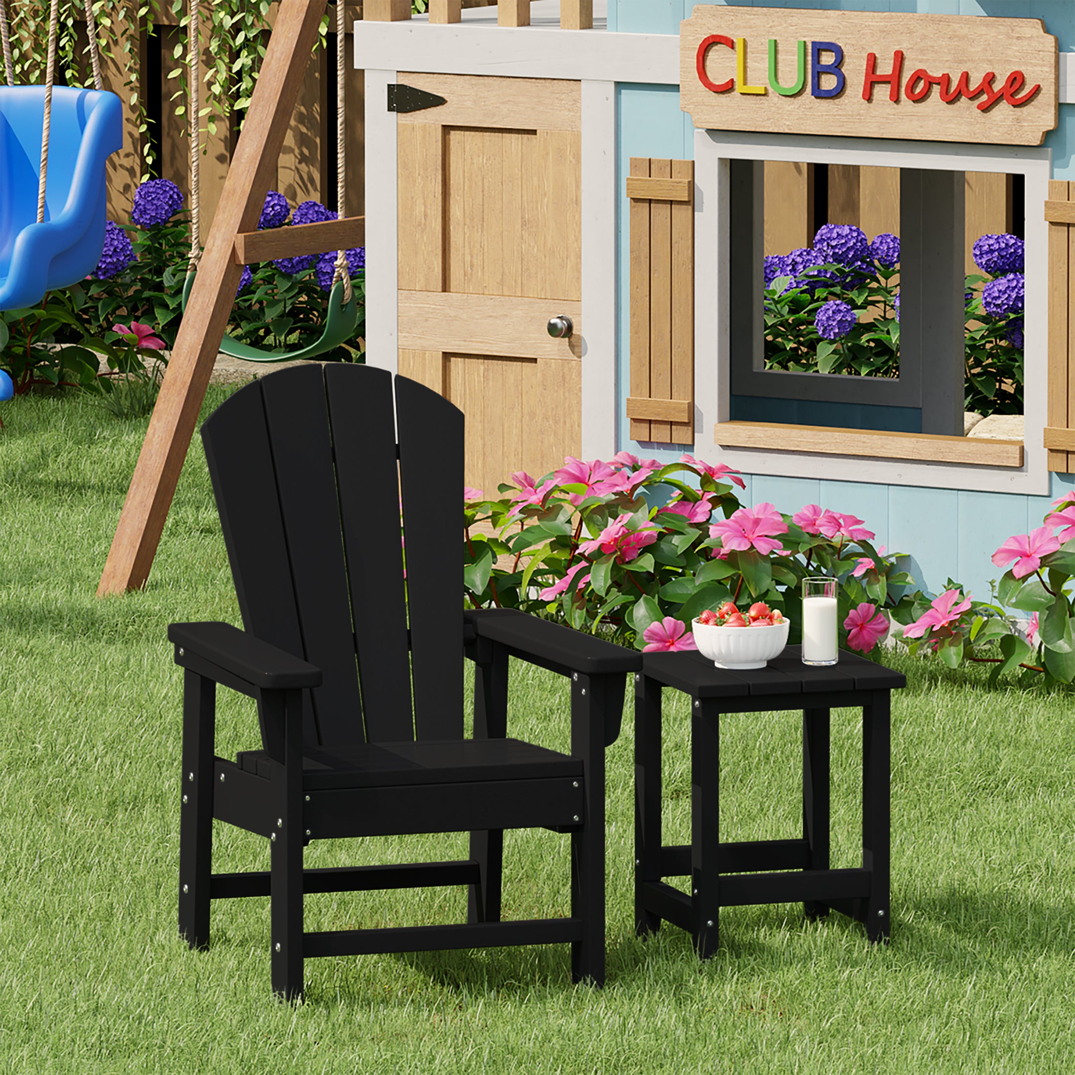 Paradise 2-Piece Kids Outdoor HDPE Adirondack Chair With Square Side Table Set
