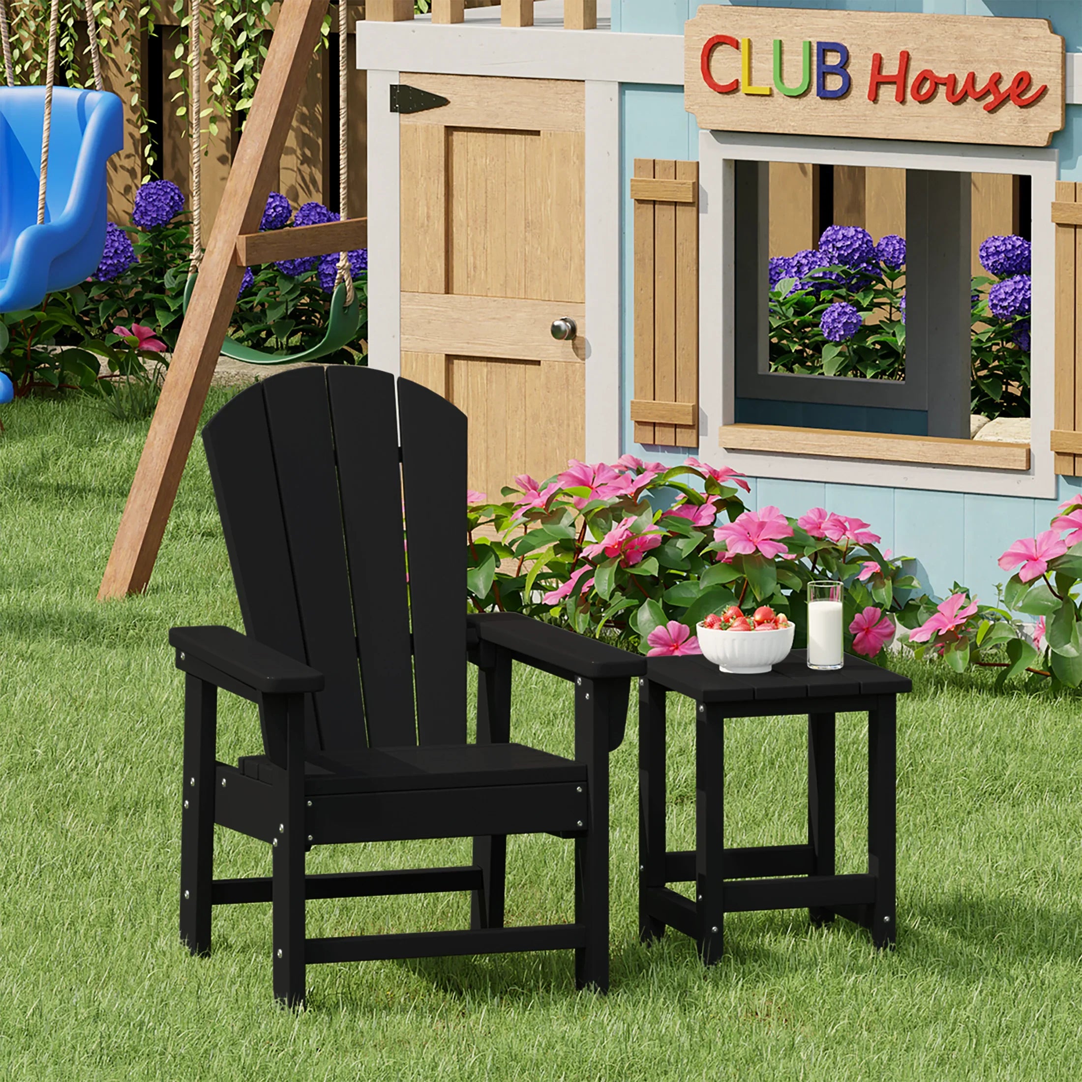 Paradise 2-Piece Kids Outdoor HDPE Adirondack Chair With Square Side Table Set