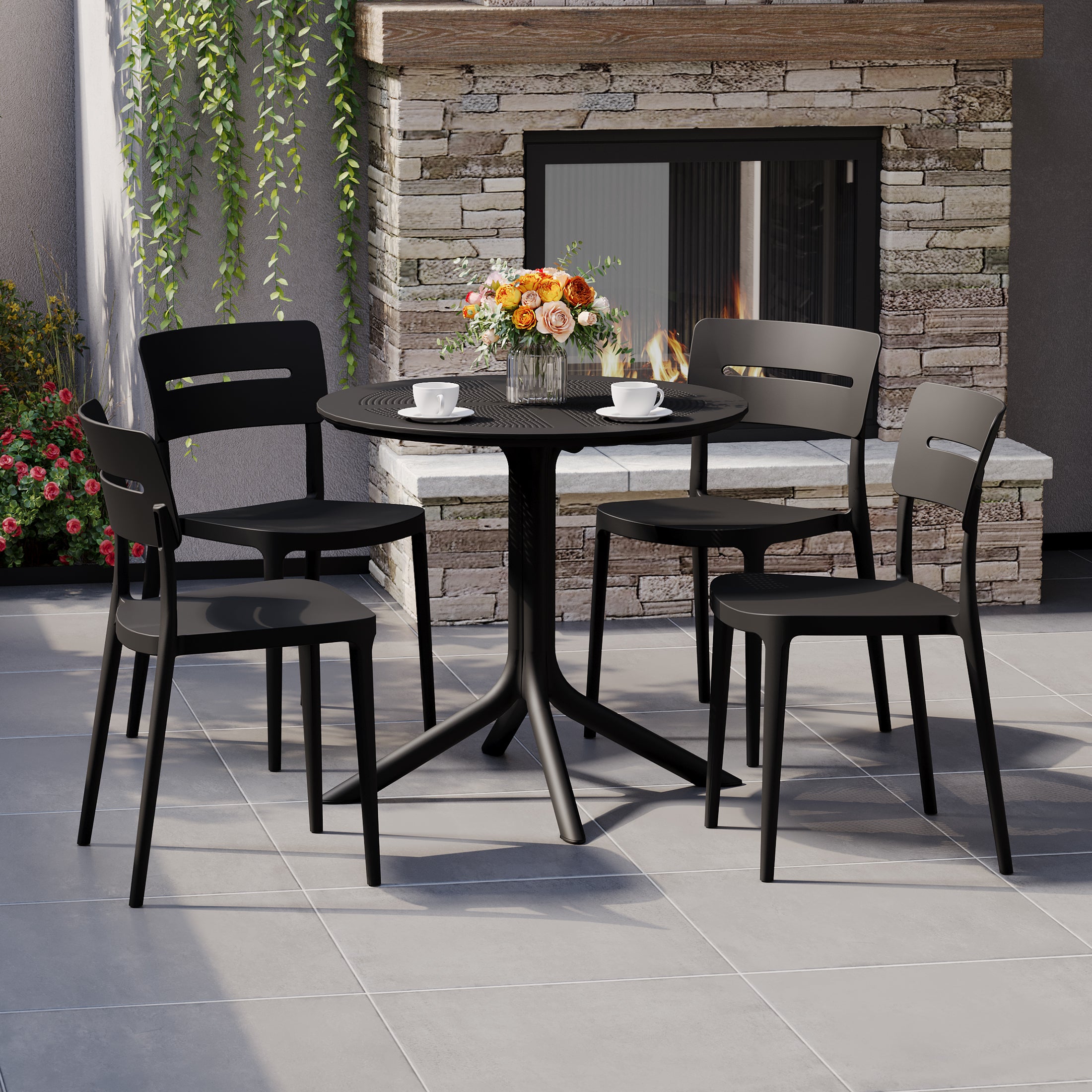 Sunshine Modern 5-Piece Resin Round Patio Dining Table Set with Stackable Patio Dining Chairs