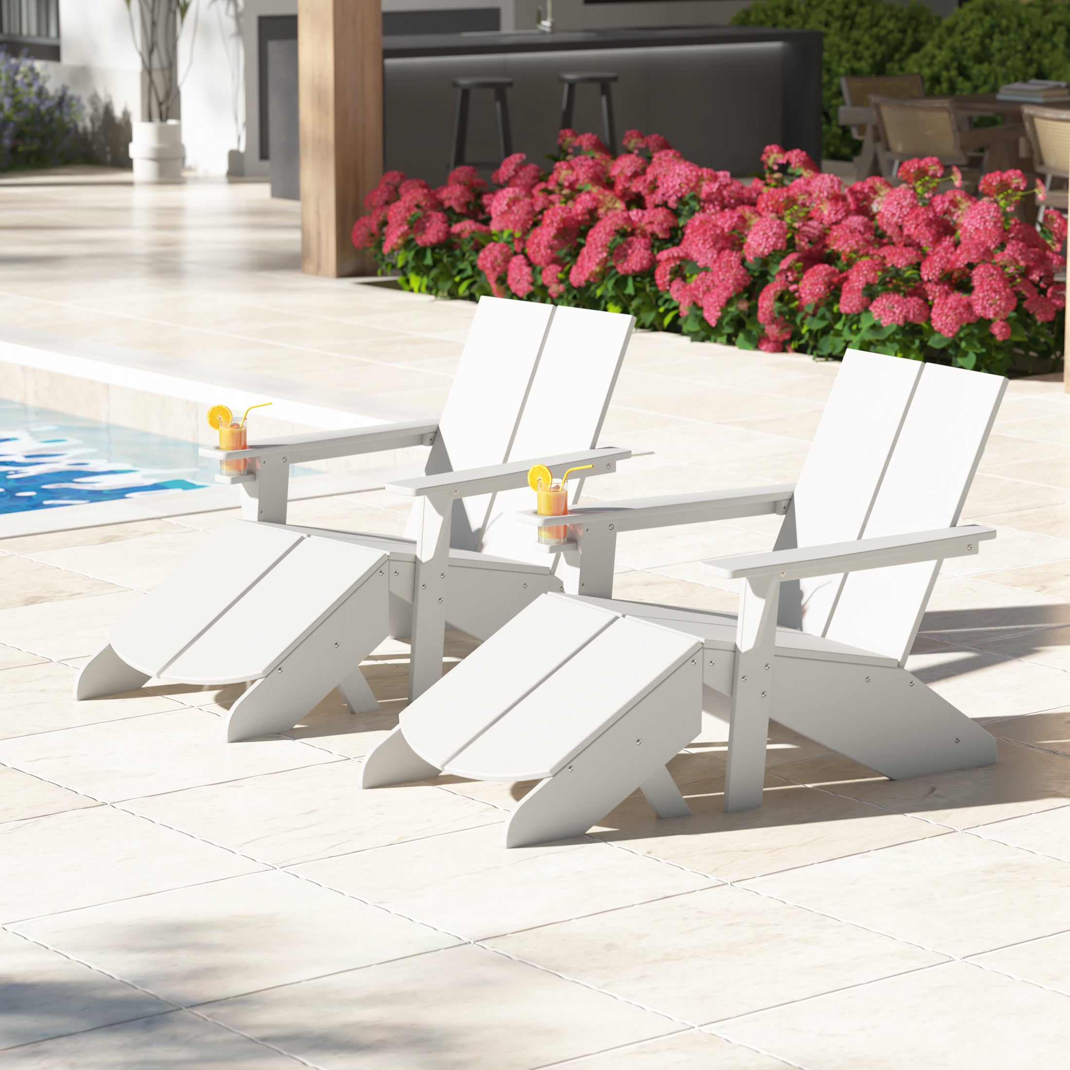 Seaview Outdoor 4-Piece HDPE Modern Adirondack Chairs Set with Folding Patio Ottomans and Cup Holder
