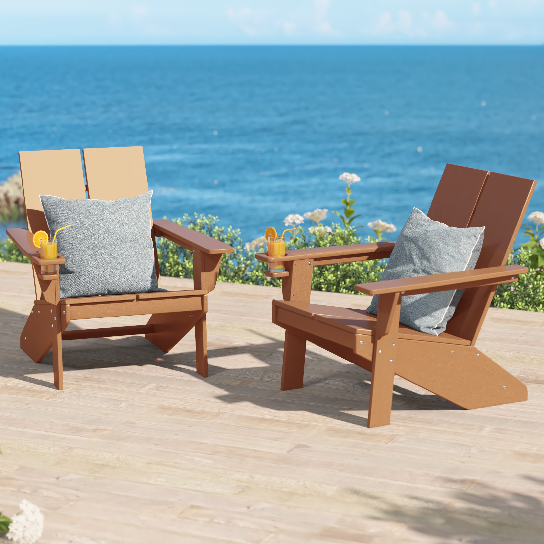 Seaview Outdoor HDPE Modern Adirondack Chair with Cup Holder (Set of 2)