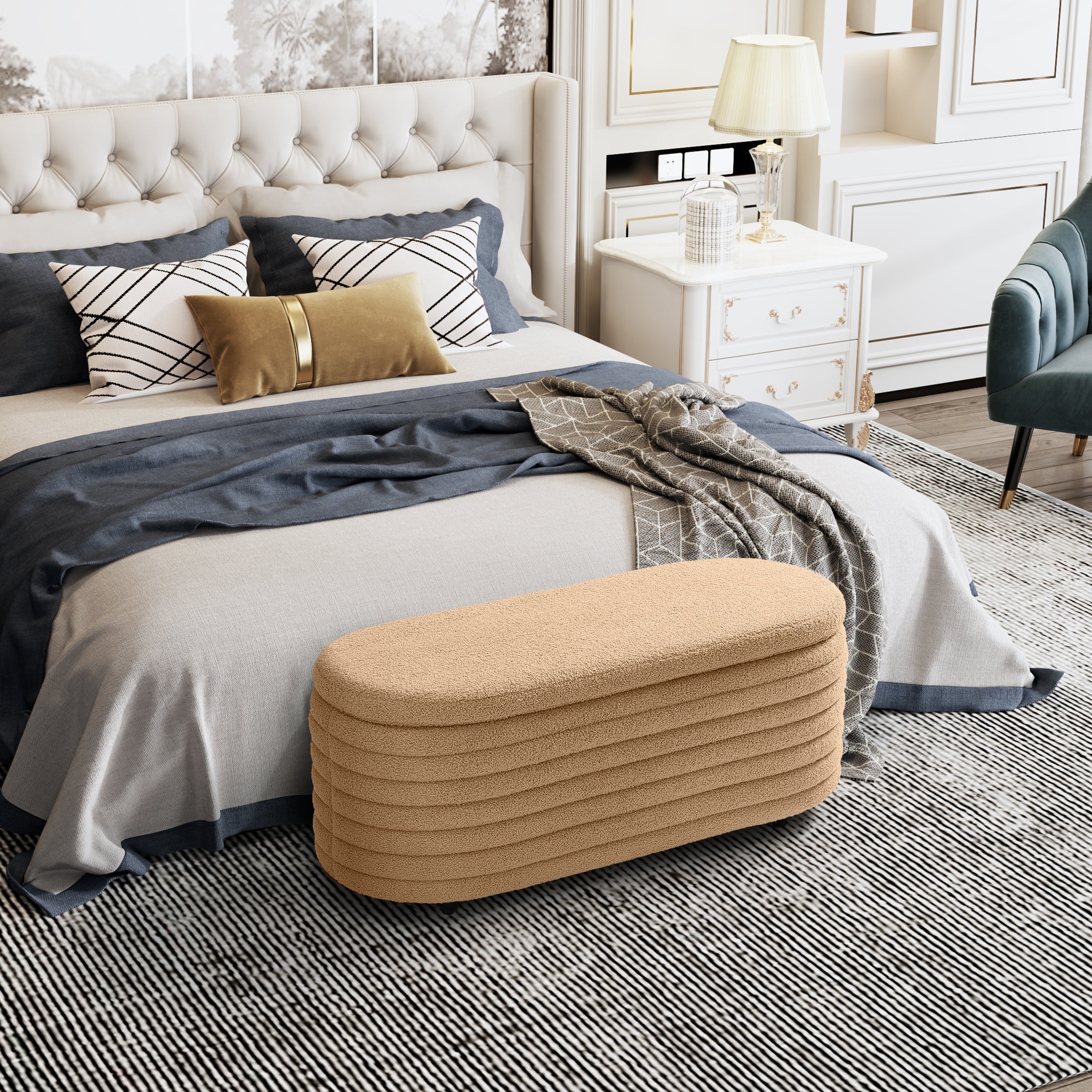 Celine 42" Wide Mid-Century Modern Upholstered Teddy Sherpa Tufted Oval Storage Ottoman Bench