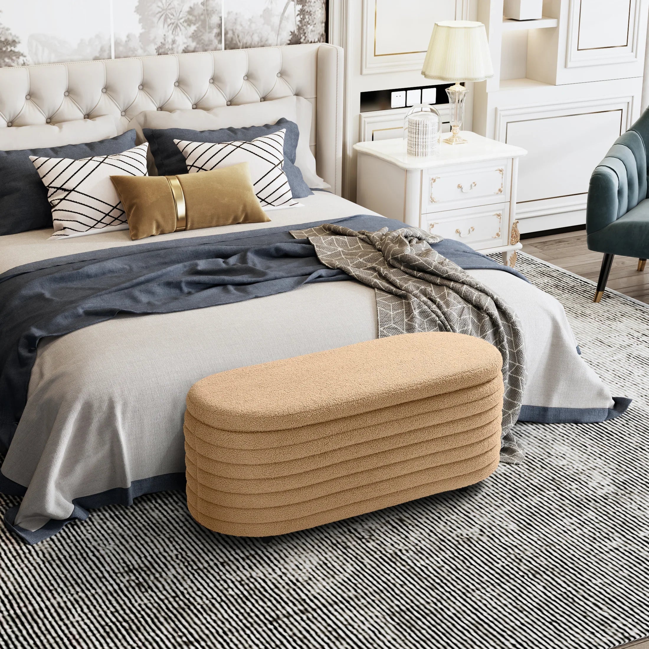 Celine 42" Wide Mid-Century Modern Upholstered Teddy Sherpa Tufted Oval Storage Ottoman Bench