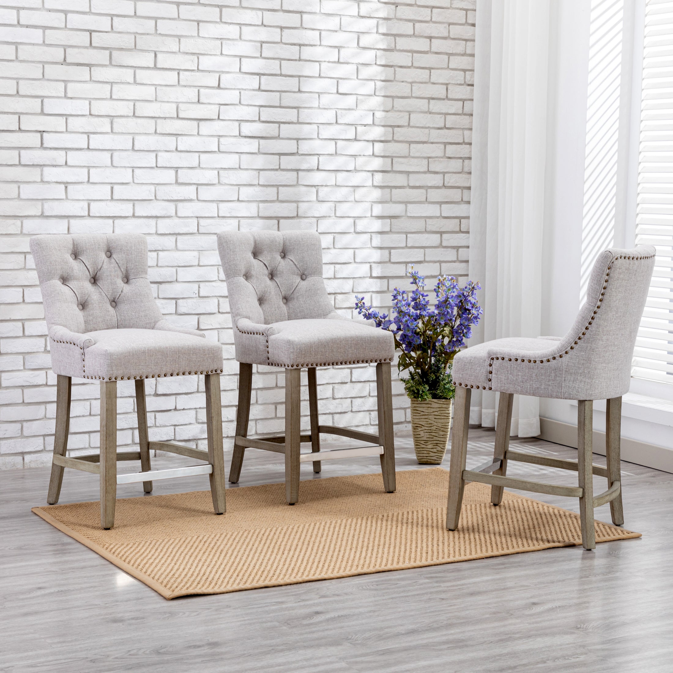 Bellmount 24" Upholstered Wood Bar Stool with Tufted Back (Set of 3)