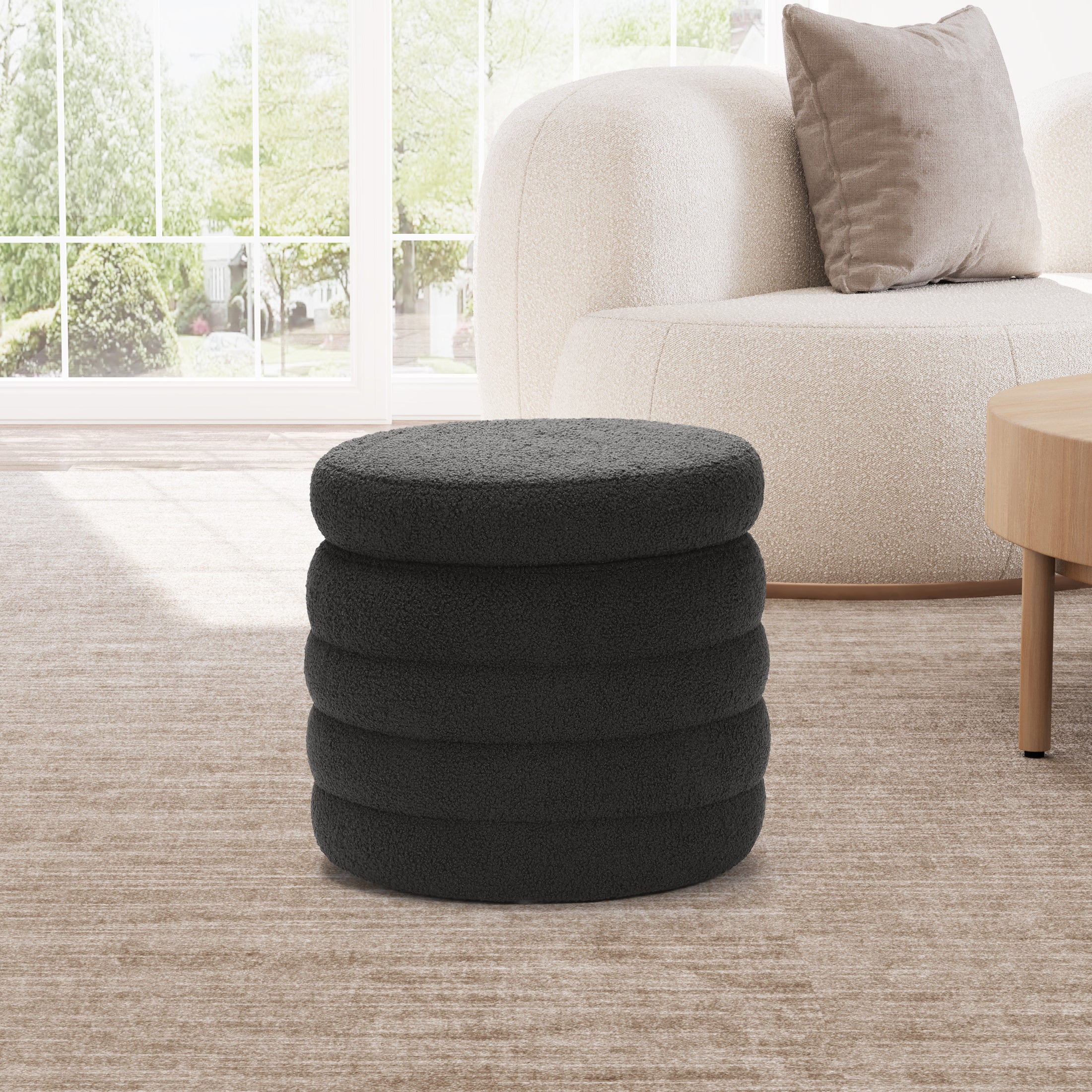 Celine Mid-Century Modern Faux Sherpa Round Storage Ottoman