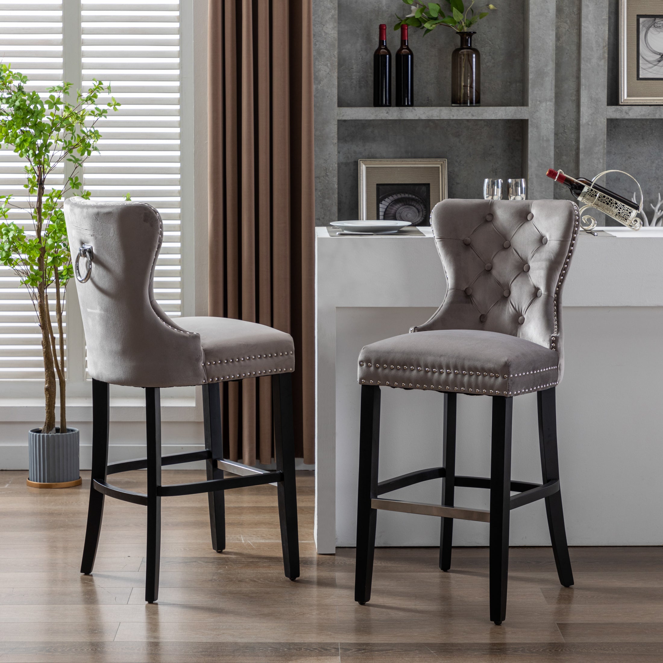 Hank 29" Tufted Velvet Bar Stool (Set of 2), Black