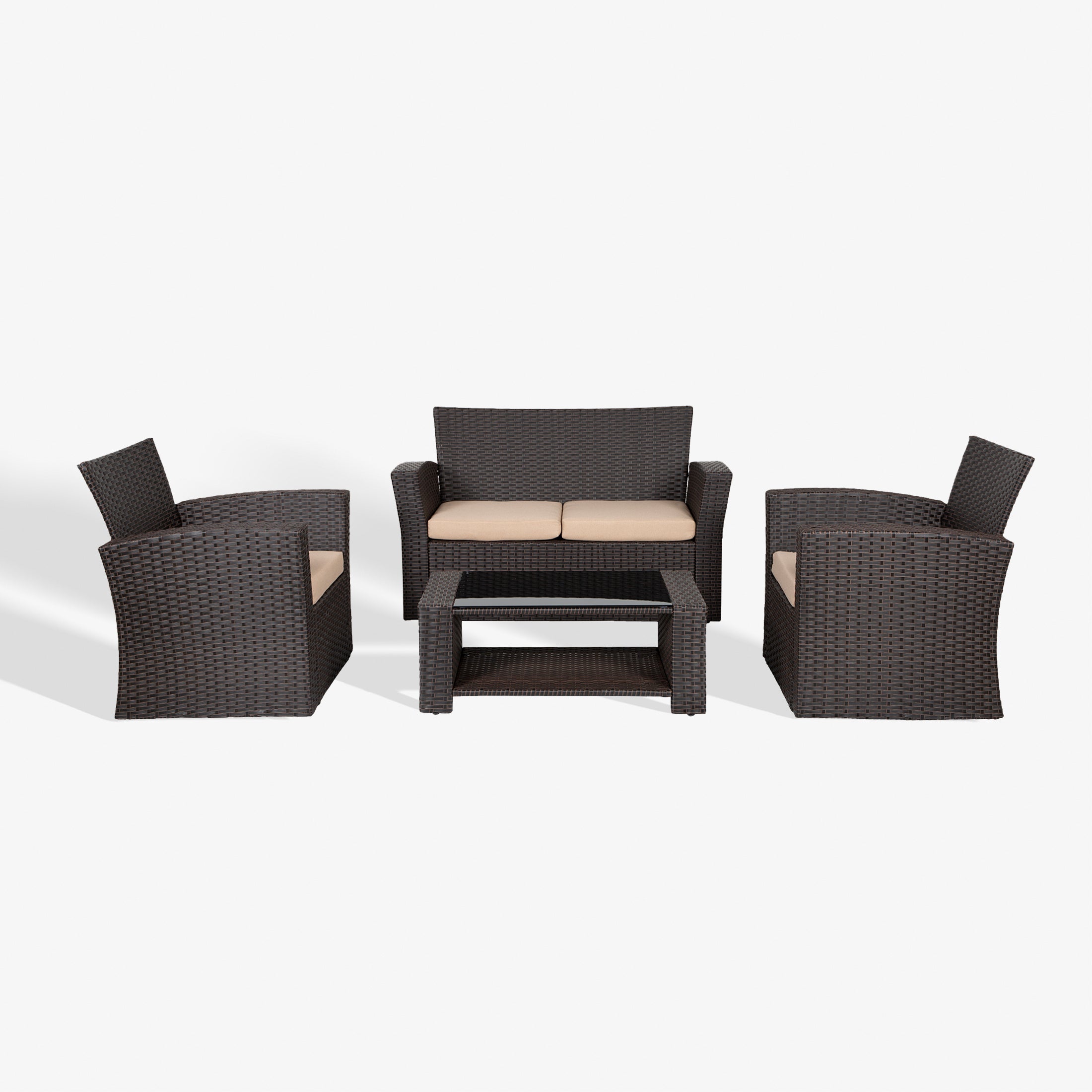 Wynston 4-Piece set Chocolate color base Outdoor / Patio Wicker Rattan Conversation Sofa set with cushions and a Coffee table ( 4 seater )