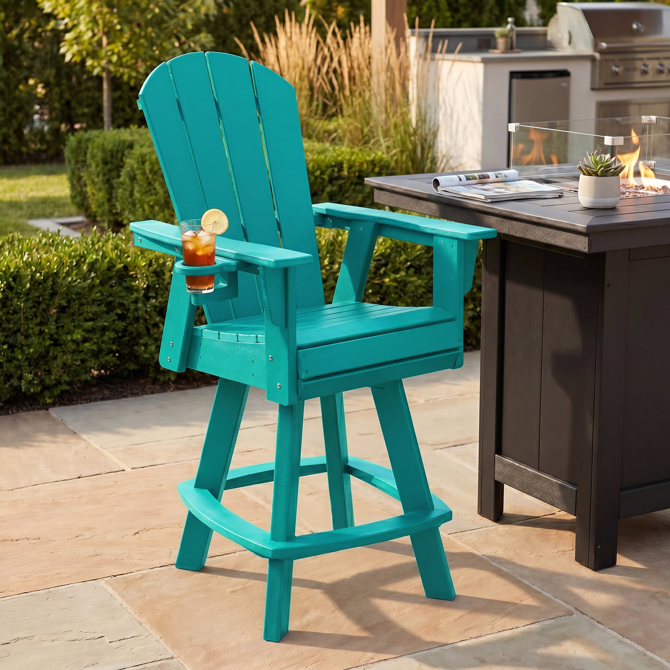 Paradise Outdoor HDPE Swivel Adirondack Bar Height Chair With Cup Holder