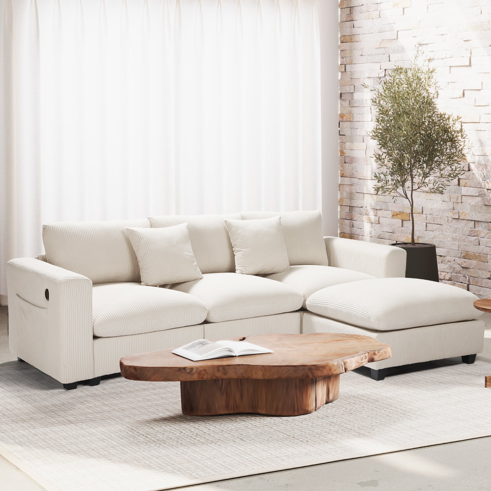 Ava 99" Modular Corduroy L-Shaped Sectional Sofa and Chaise With USB/Type-C Ports and Side Pockets