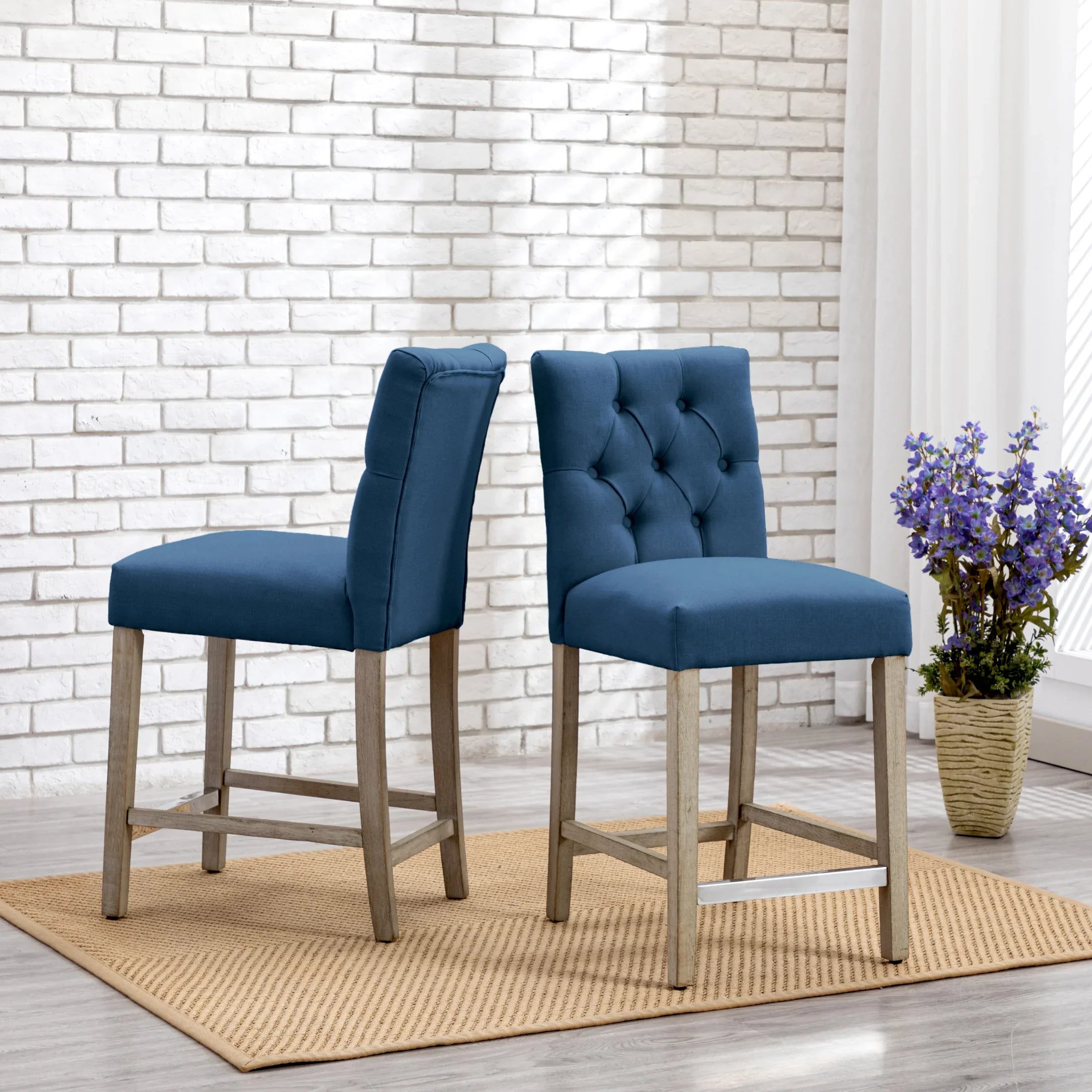 Bellmount 24" Linen Fabric Tufted Counter Stool (Set of 2),Antique Gray