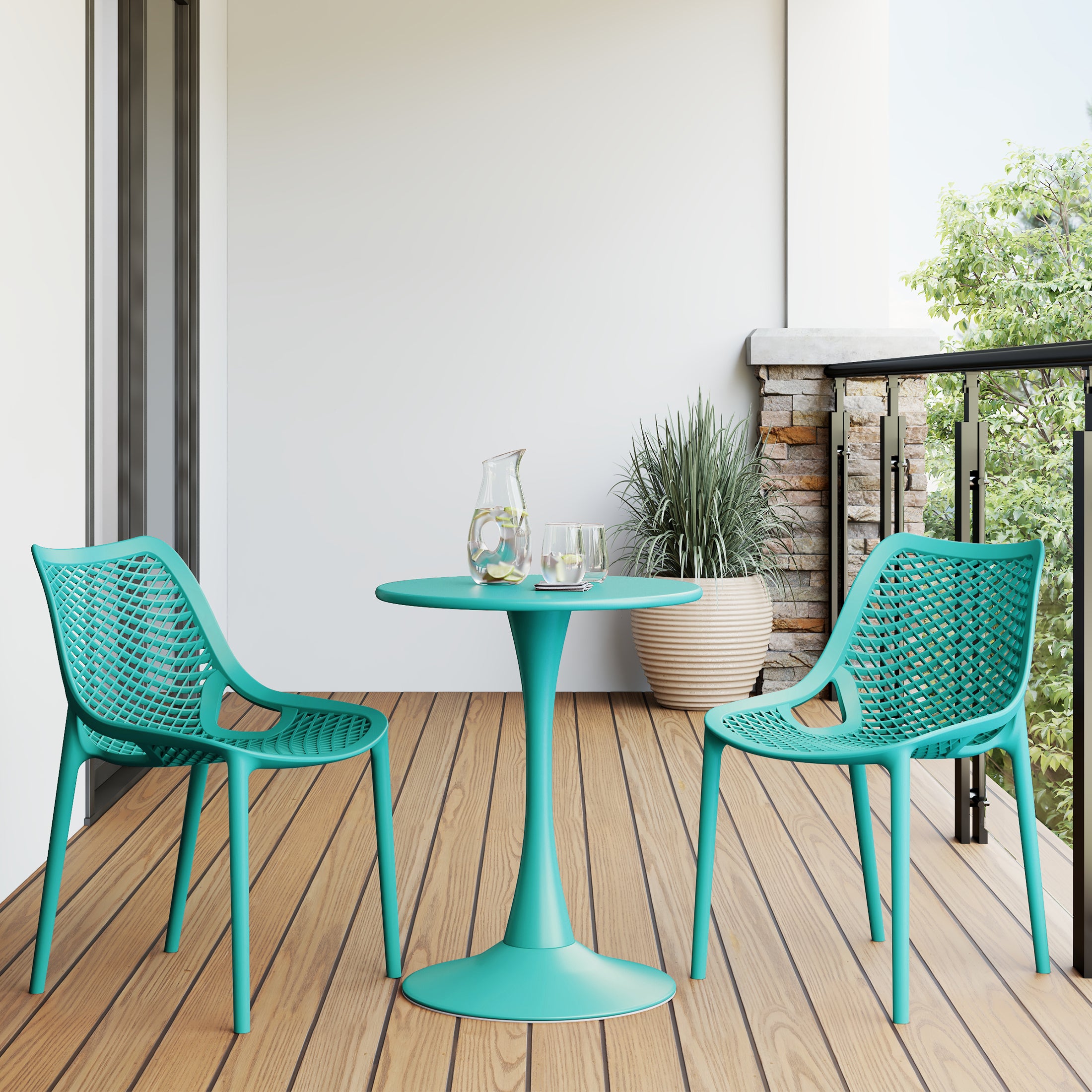 Sunshine 3-Piece Outdoor Round Metal Dining Table Set And Stackable Resin Patio Dining Side Chairs