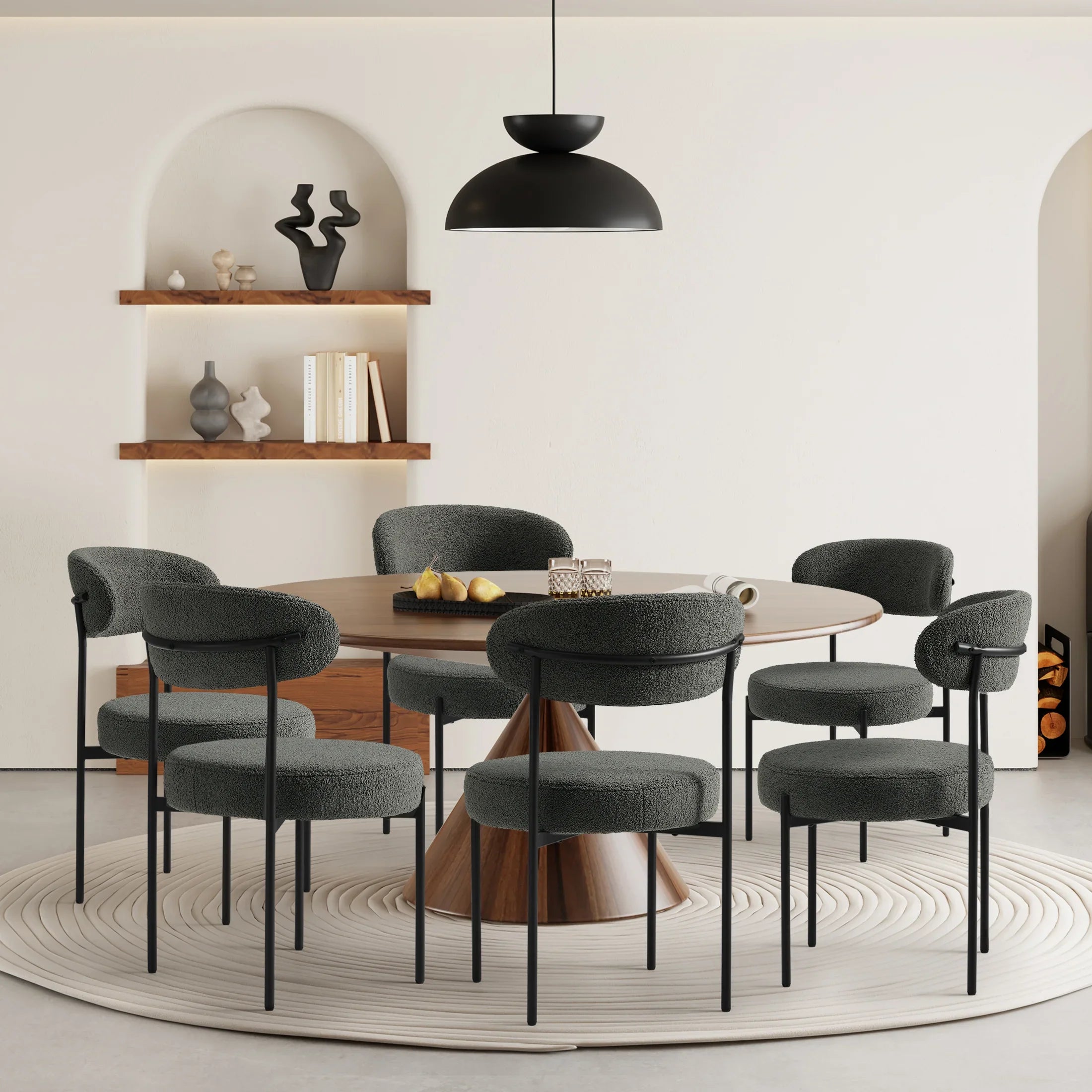 Celine Mid-Century Modern Upholstered Sherpa Round Dining Chairs (Set of 6)