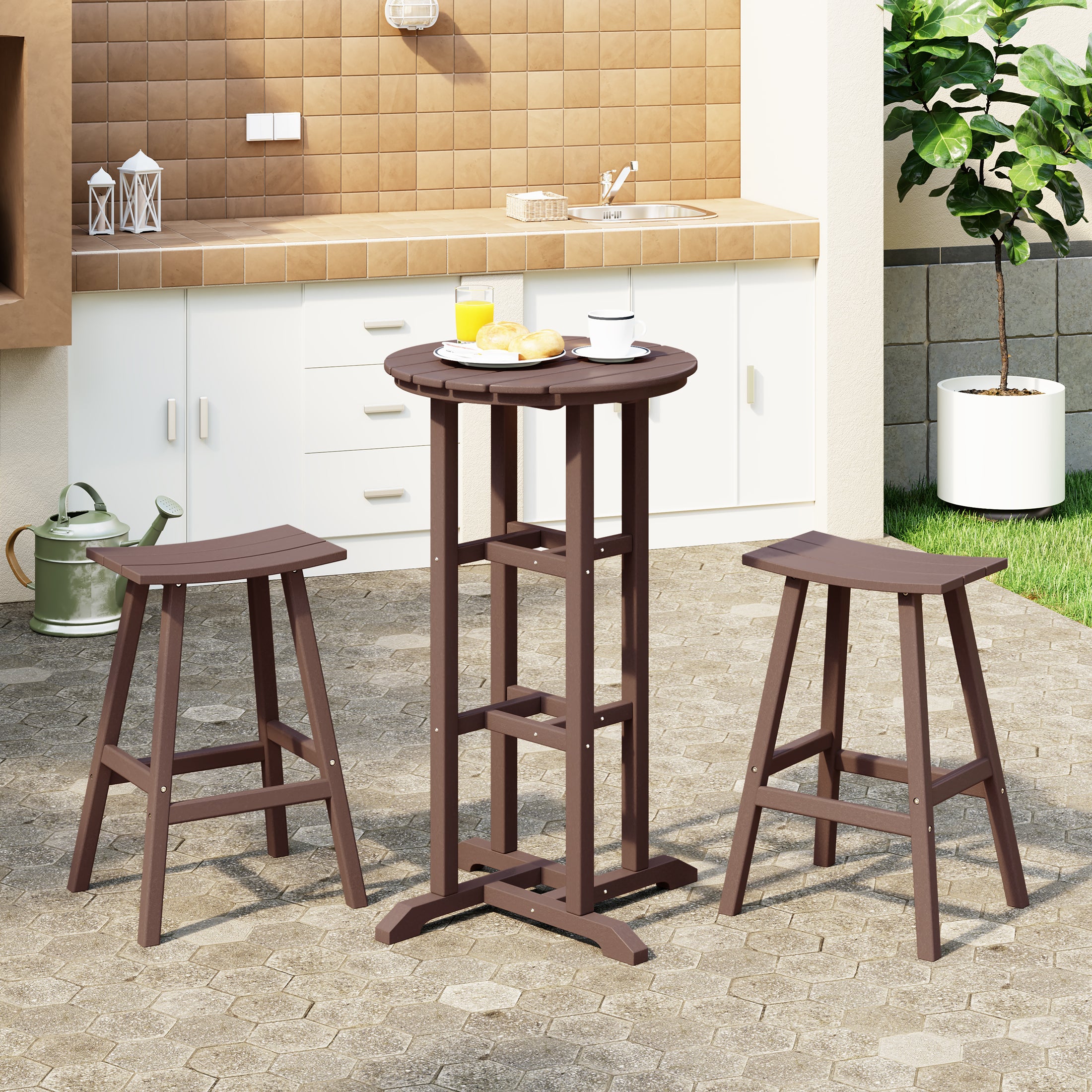 Paradise Outdoor Patio Bar Height Table and Bar Stool 3-Piece Dining Set