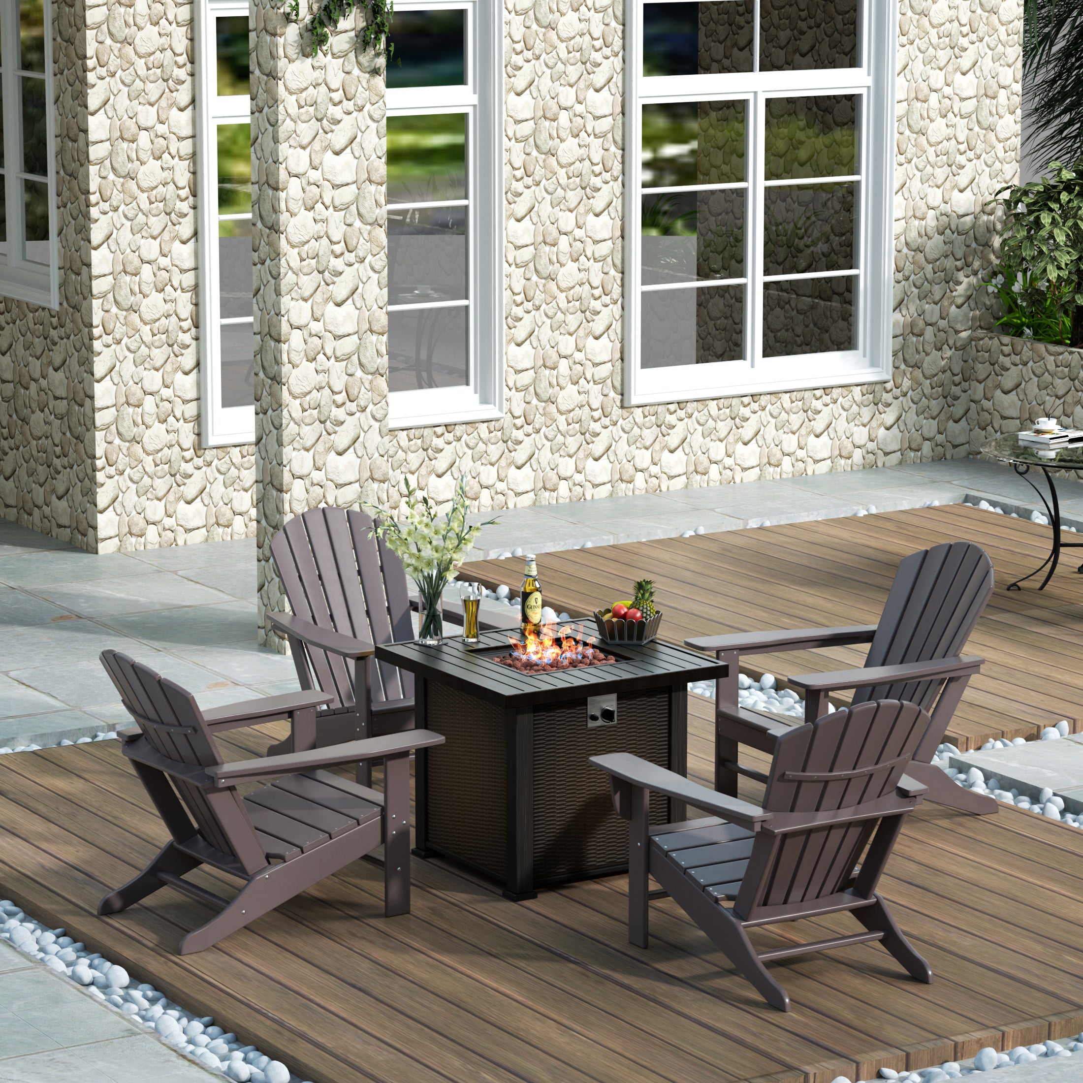 Portside Dylan Outdoor Patio Adirondack Chair With Square Fire Pit Table Sets