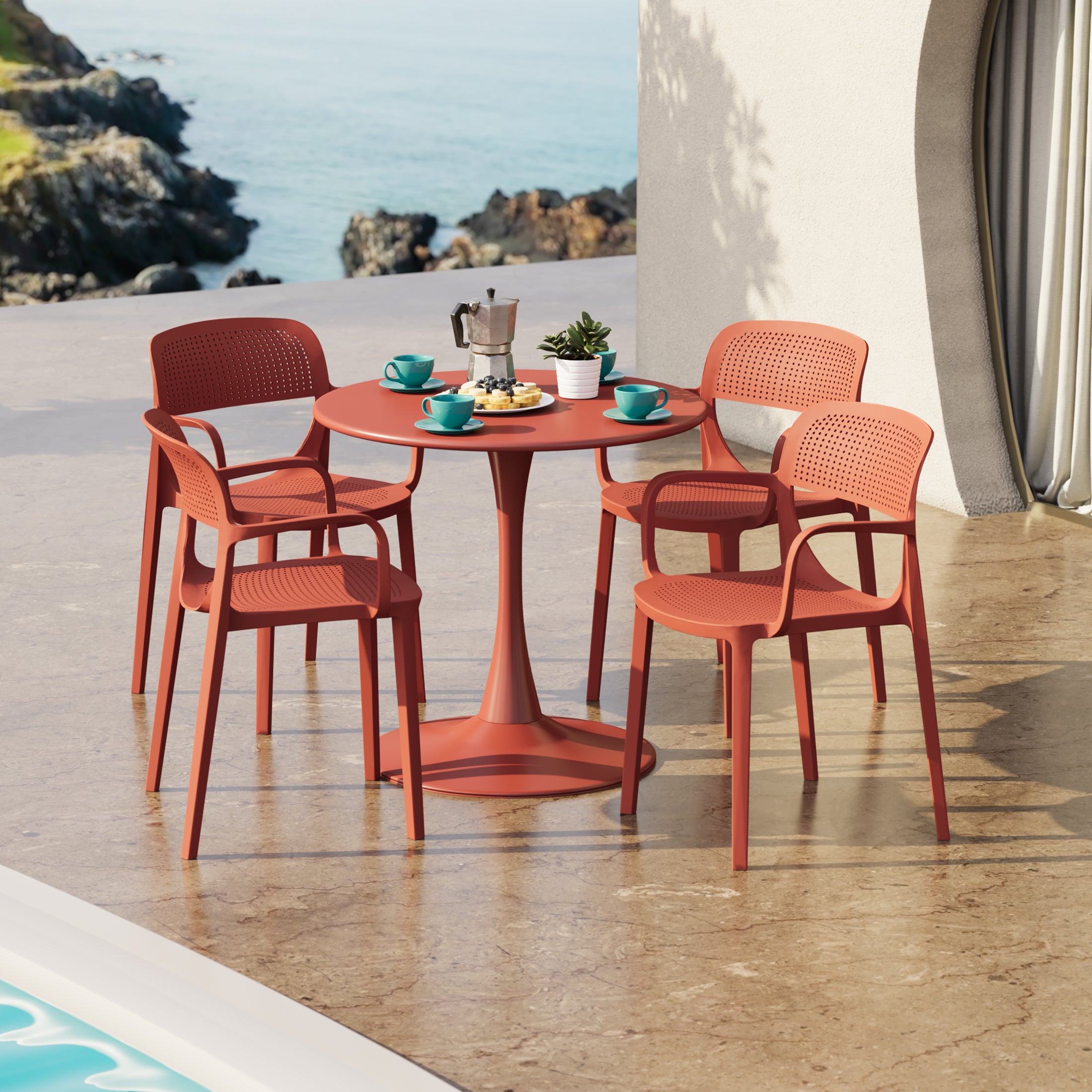 Sunshine 5-Piece Round Metal Bistro Dining Table Set And Stackable Resin Patio Dining Side Chairs