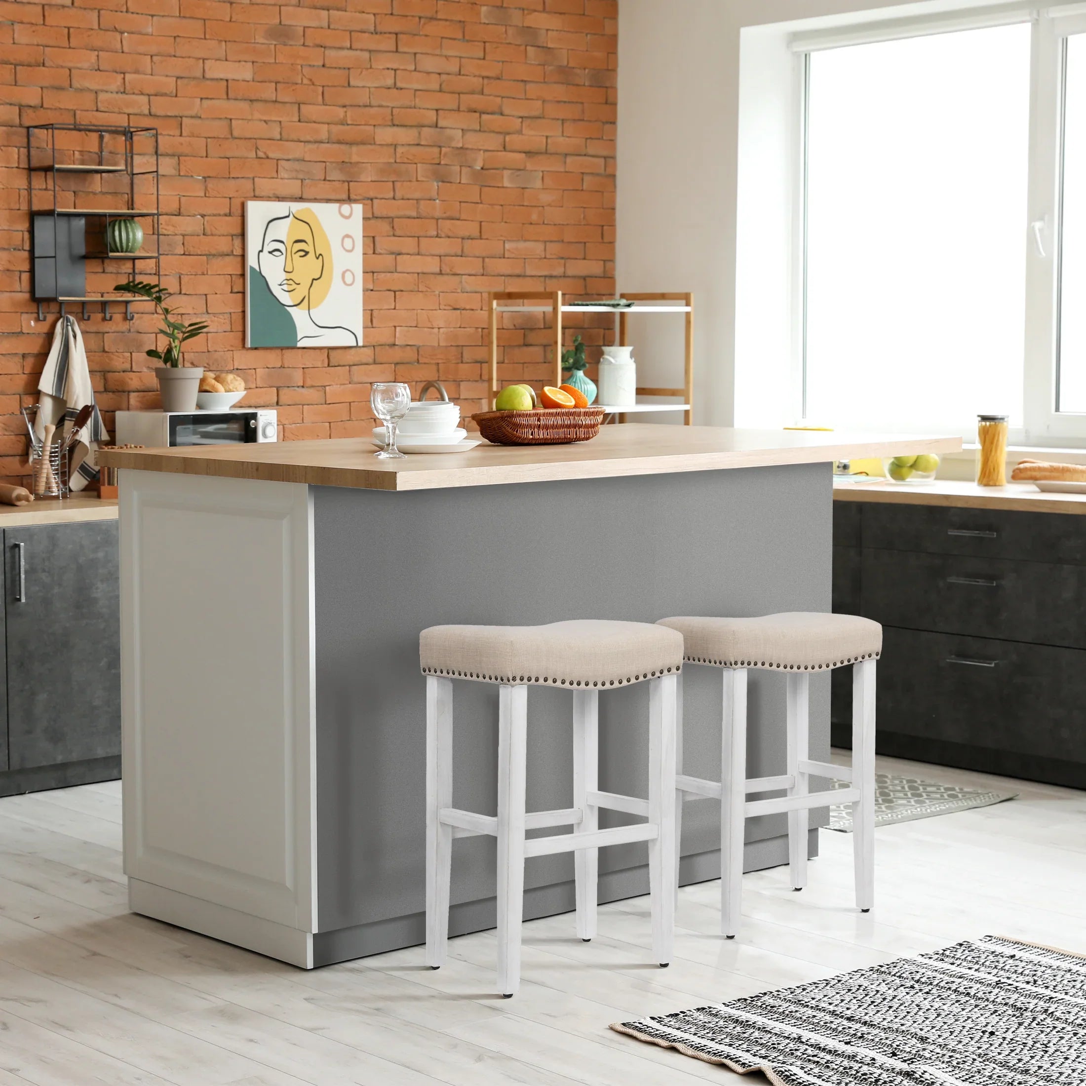 Bulmon 29" upholstered nail head bar counter stools with Antique White color legs (2 piece set)