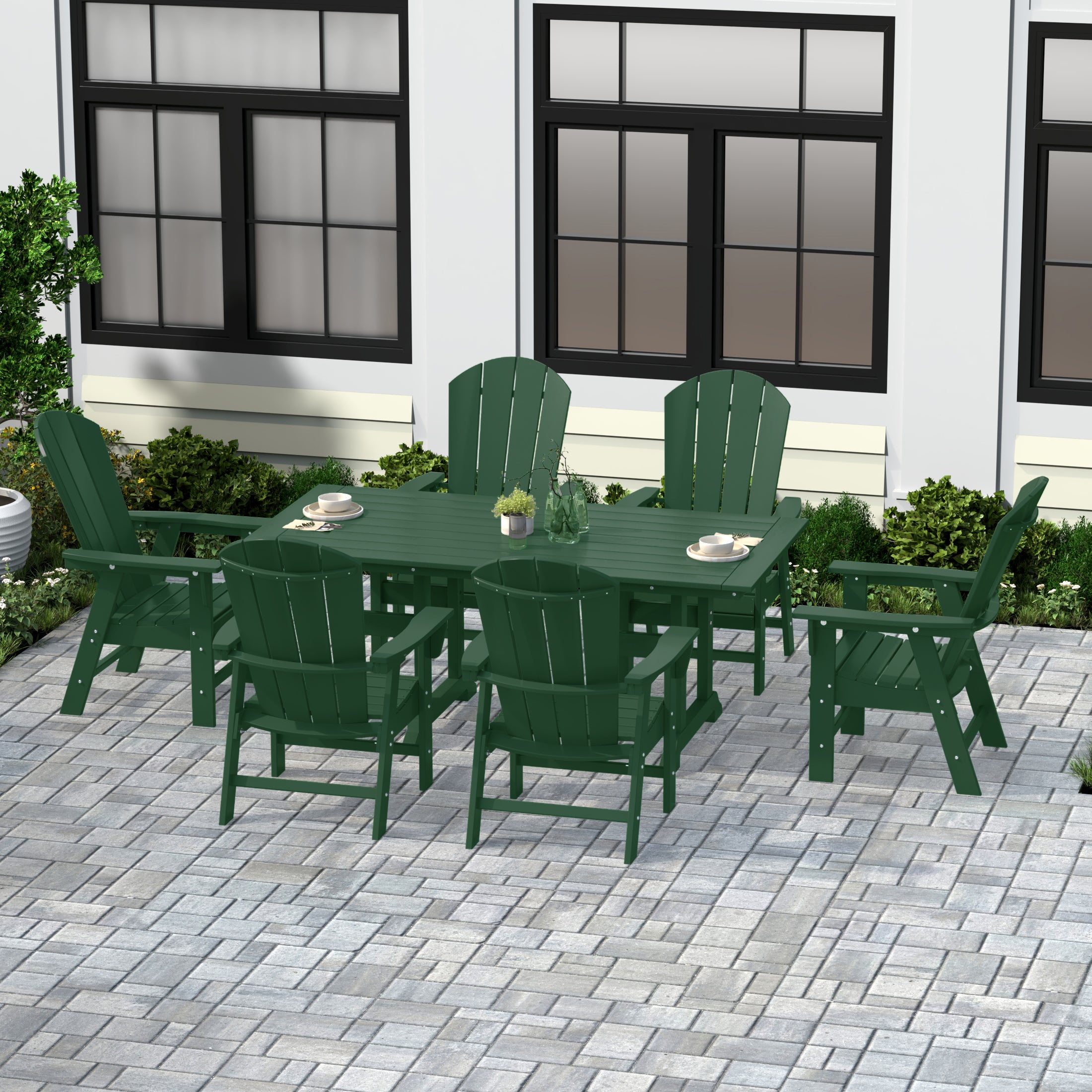Paradise 7 Piece Outdoor Patio Dining Table and Adirondack Armchair Set