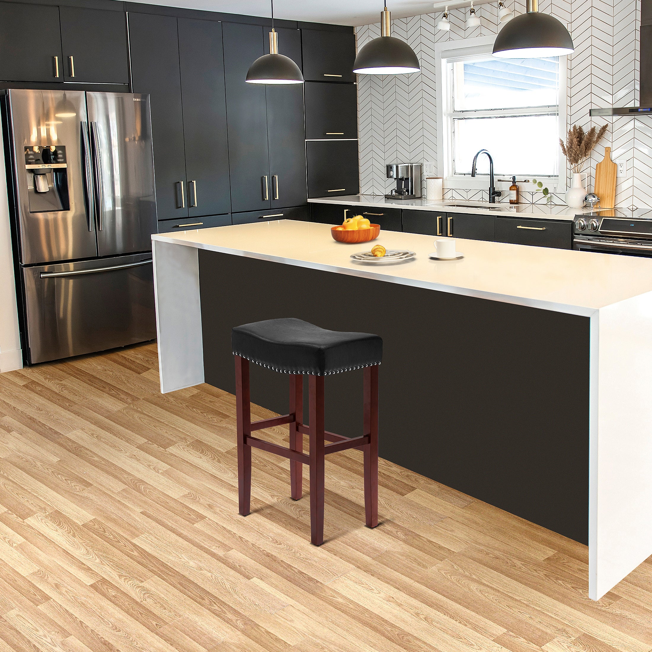 Bulmon 29" upholstered nail head bar counter stools with Cherry Red color legs