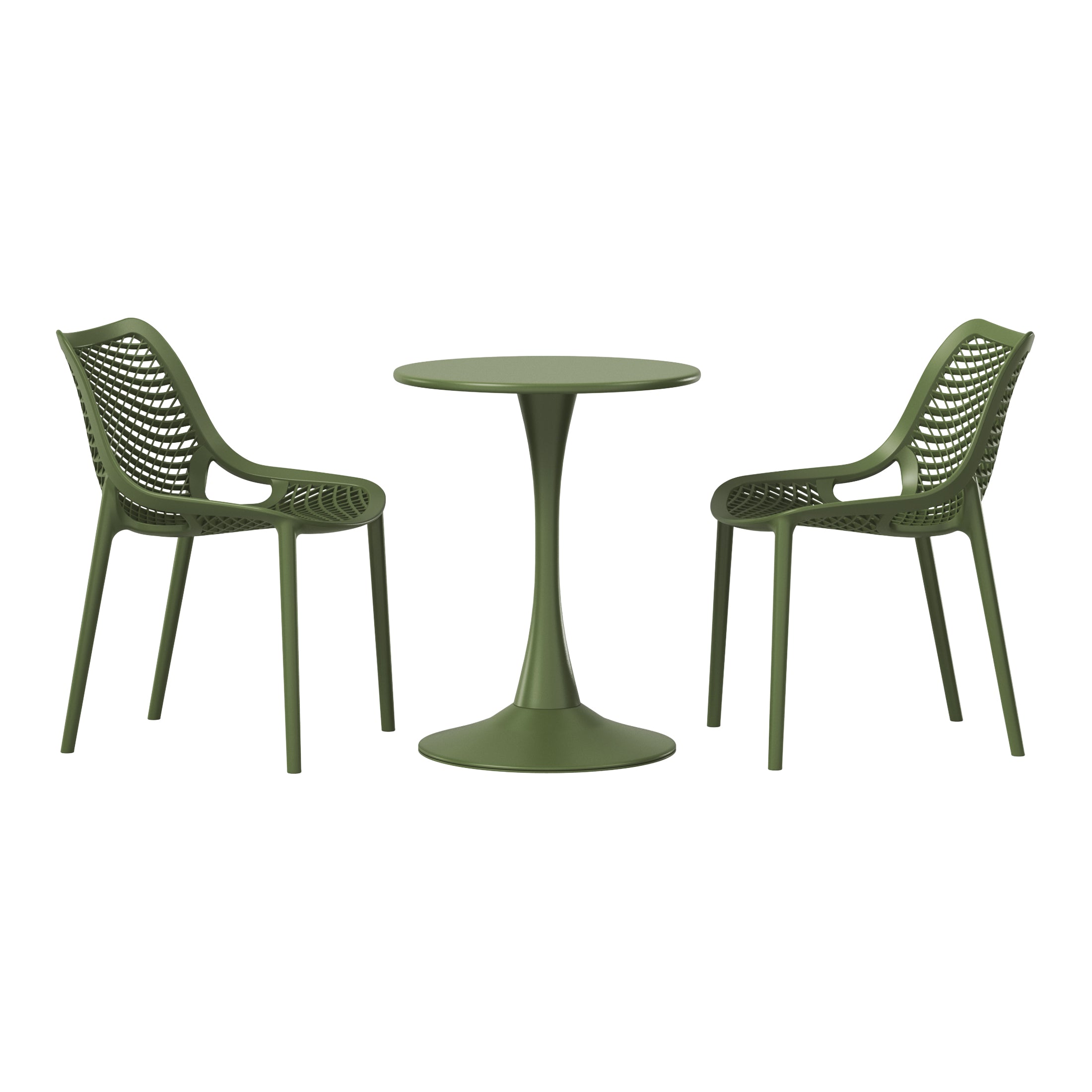 Sunshine 3-Piece Outdoor Round Metal Dining Table Set And Stackable Resin Patio Dining Side Chairs