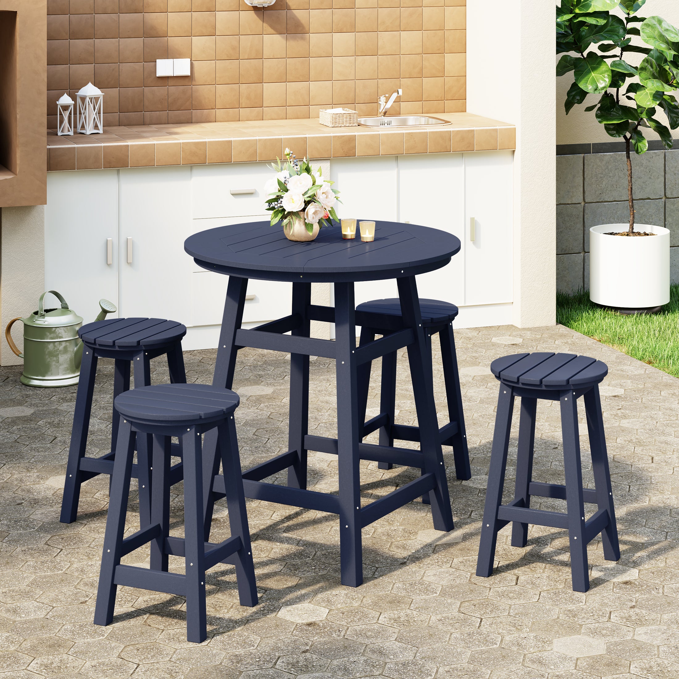 Paradise 5-Piece HDPE Outdoor Patio Dining Bar Bistro Table Set with Counter High Round Bar Stools