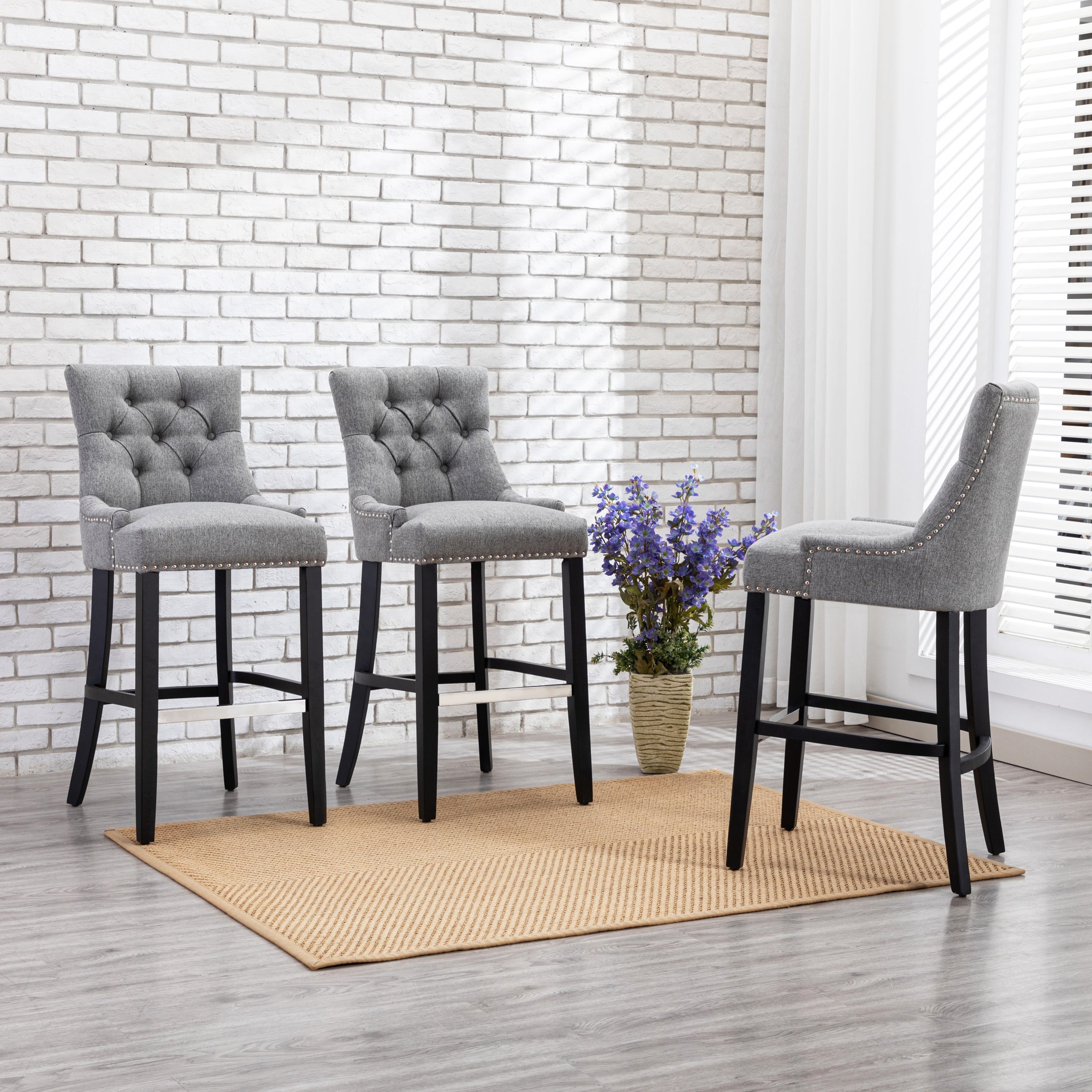 Bellmount 29" Upholstered Wood Bar Stool with Tufted Back (Set of 3)