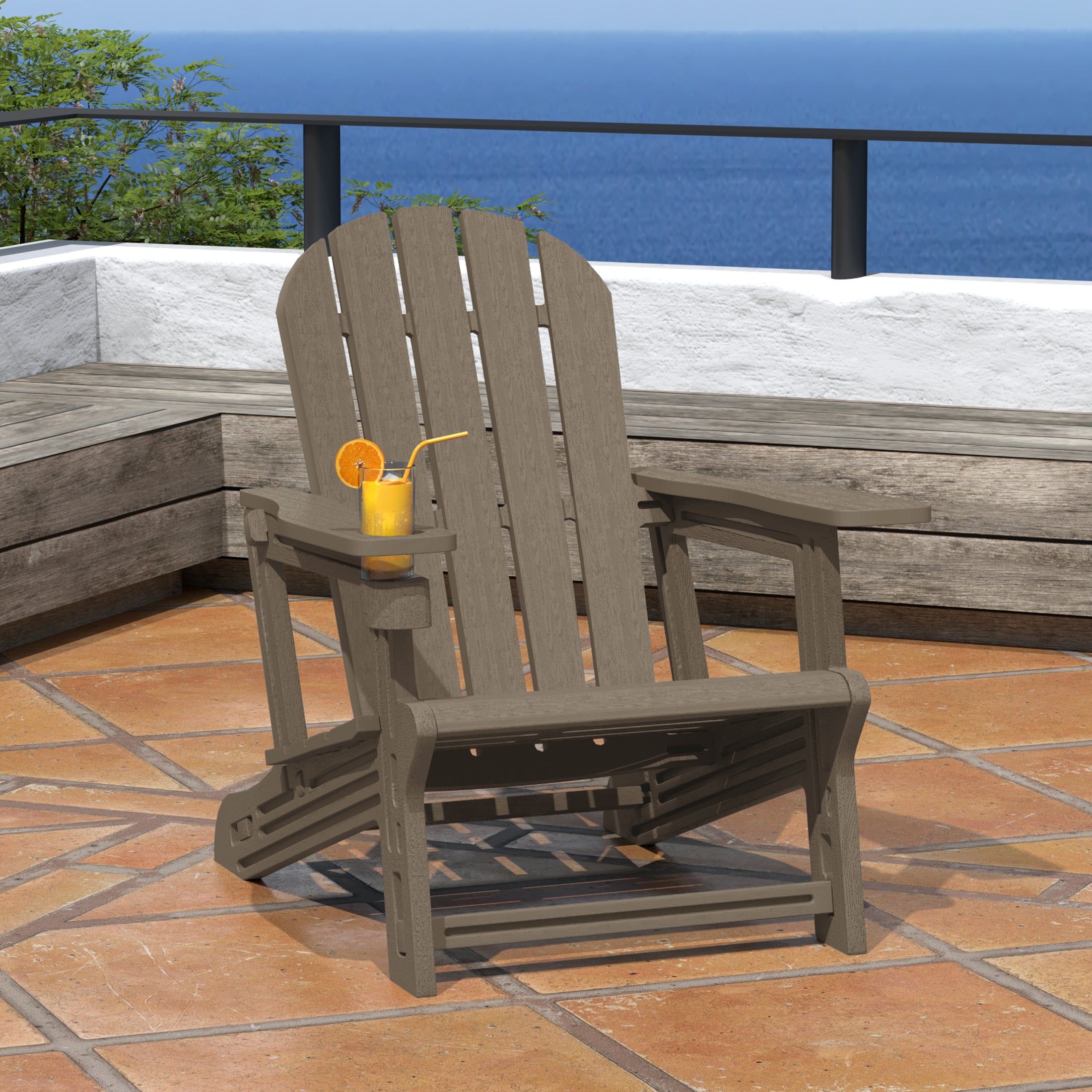 Cayman Tool-Free Assembly Outdoor Patio HDPE Plastic Adirondack Chair with Cup Holder