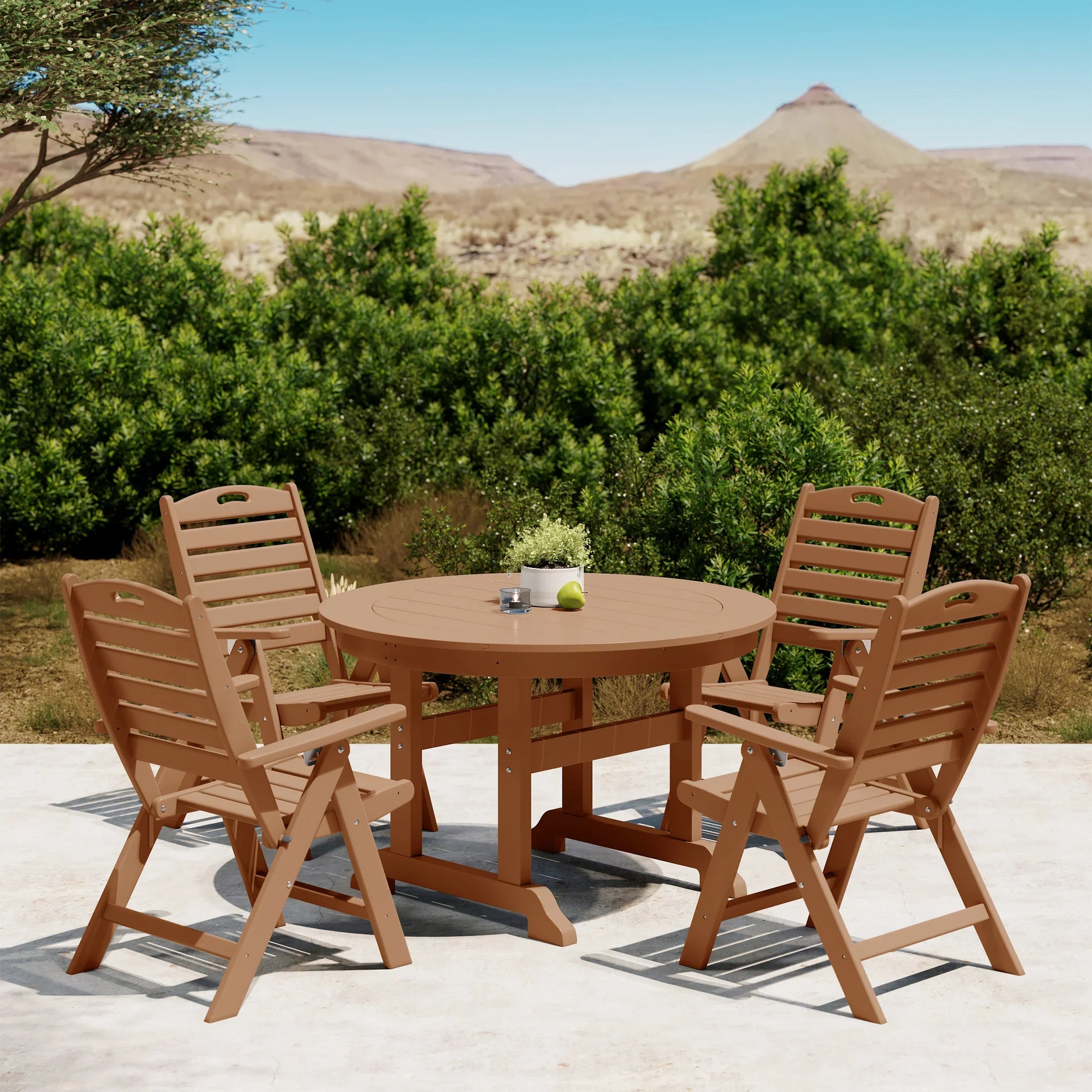 Paradise 5-Piece HDPE Round Patio Dining Table Set with Foldable Chairs