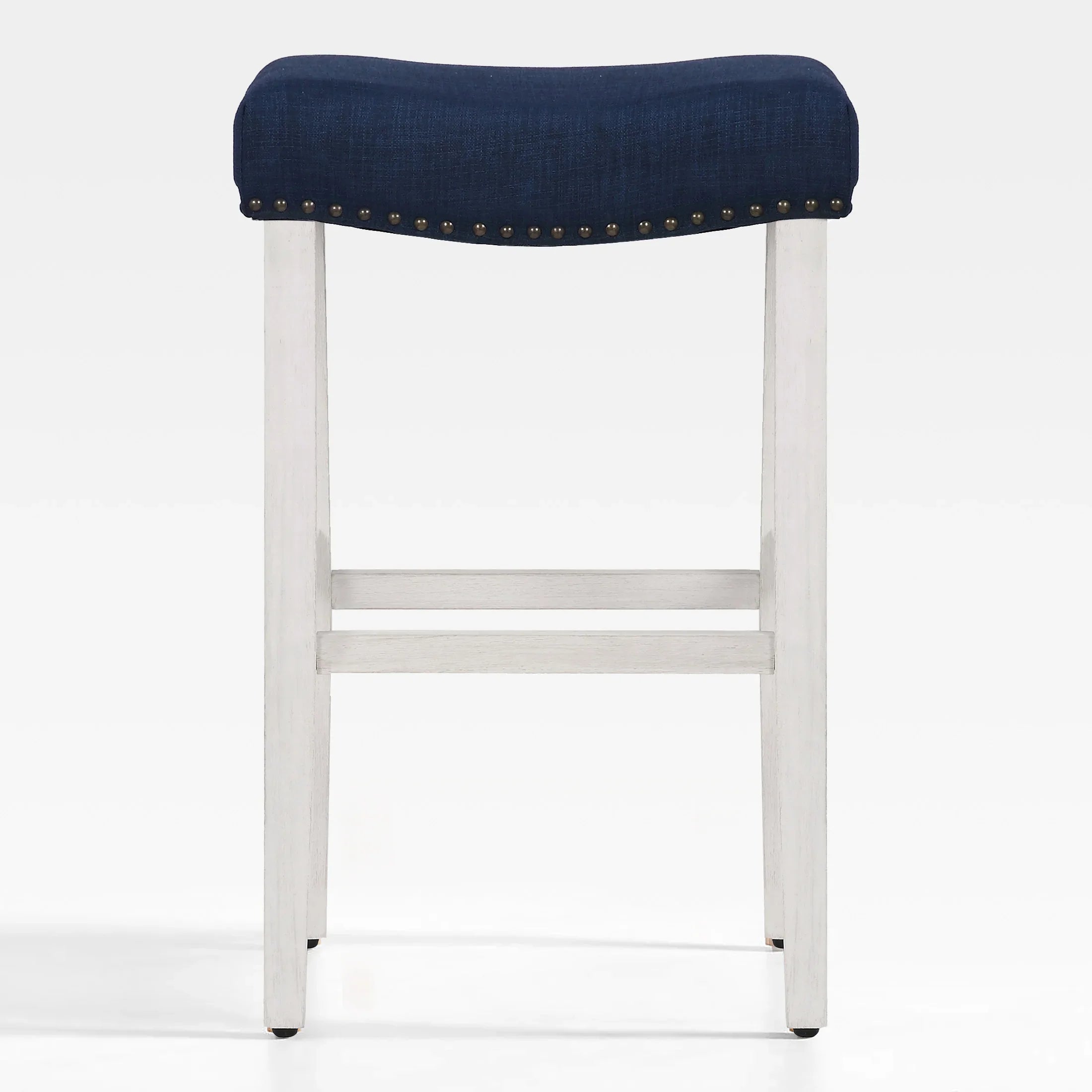 Bulmon 29" upholstered nail head bar counter stools with Antique White color legs