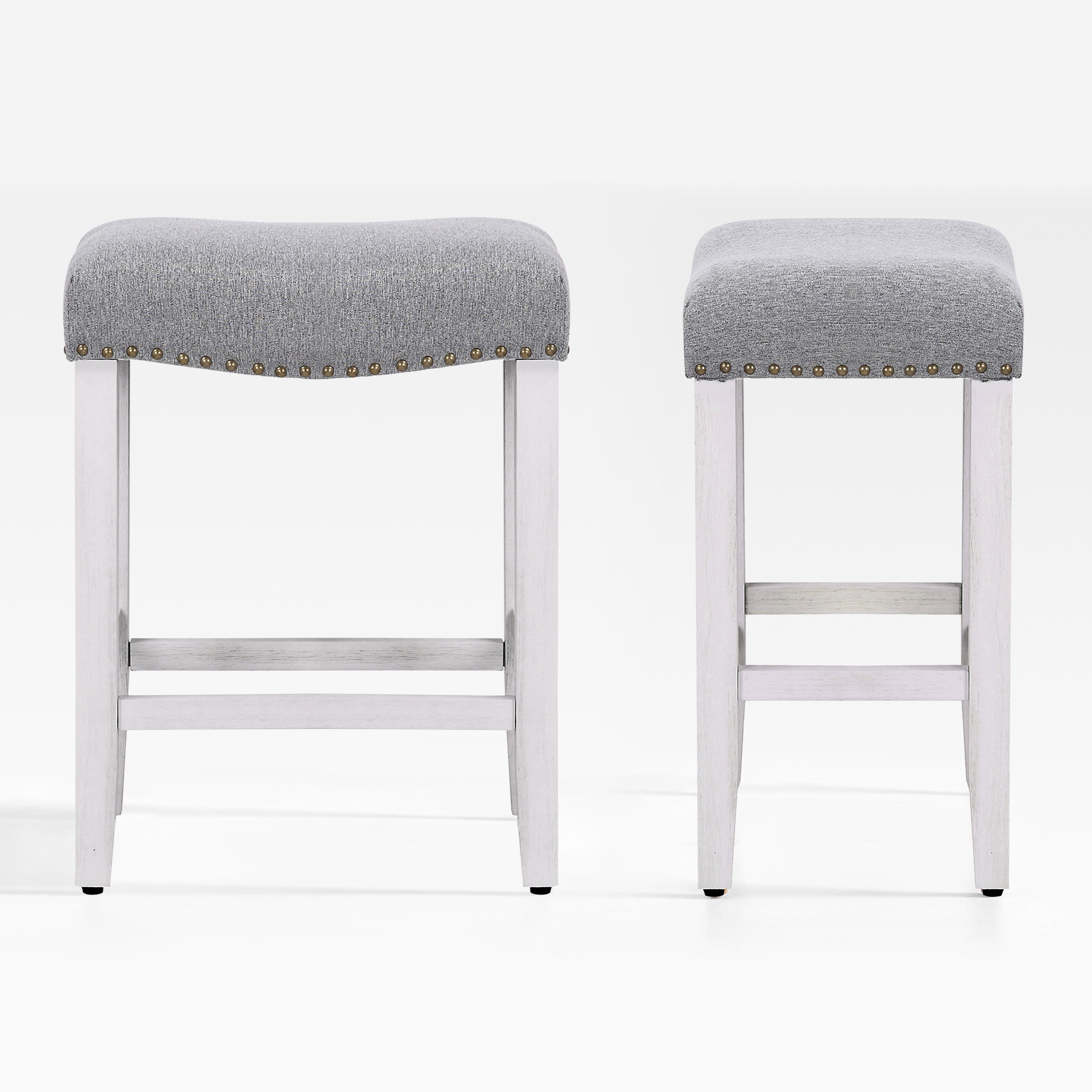 Bulmon 24" upholstered nail head bar counter stools with Antique White color legs (2 piece set)